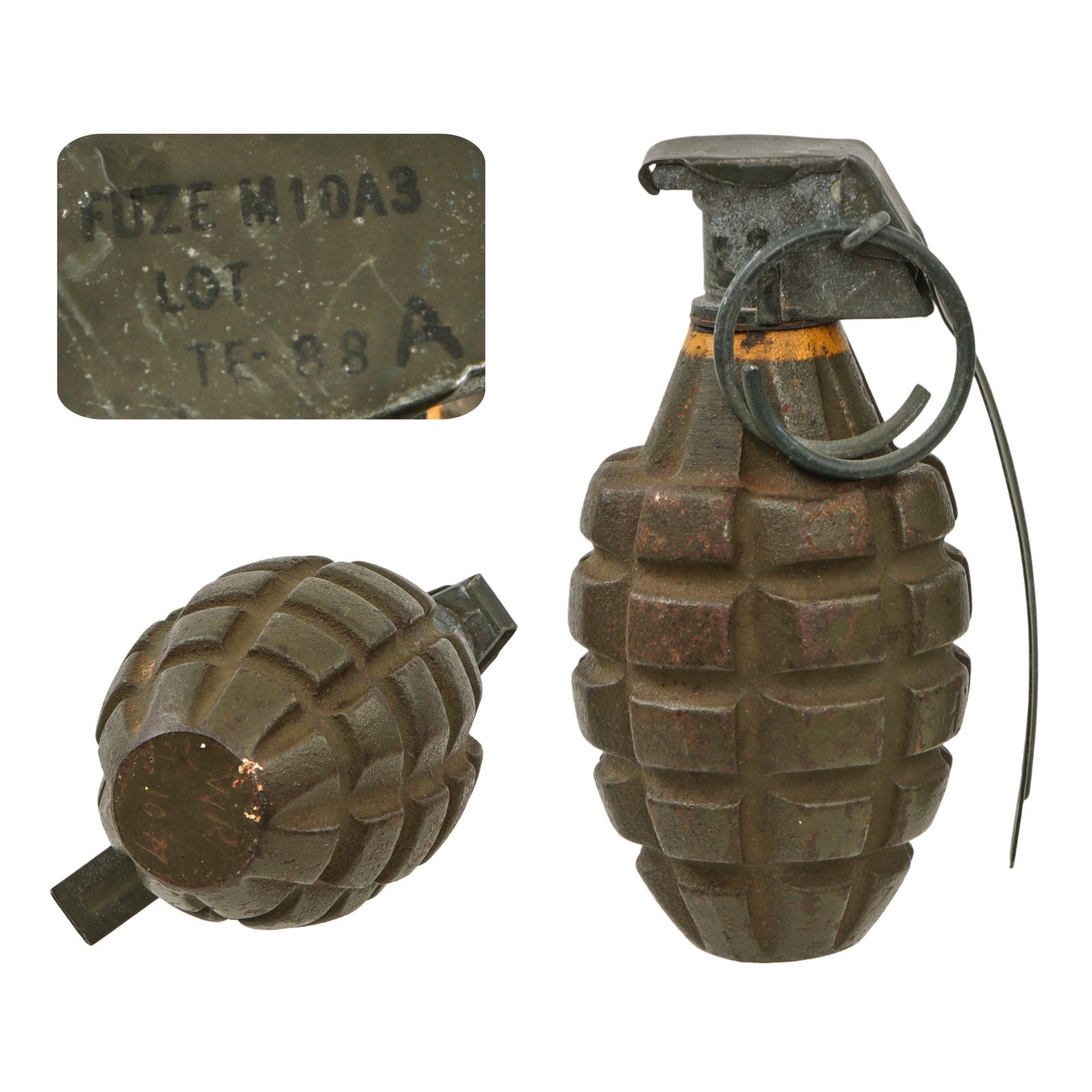 Original U.S. WWII Inert MkII Pineapple Grenade with Yellow Ring & M10A3 Fuze