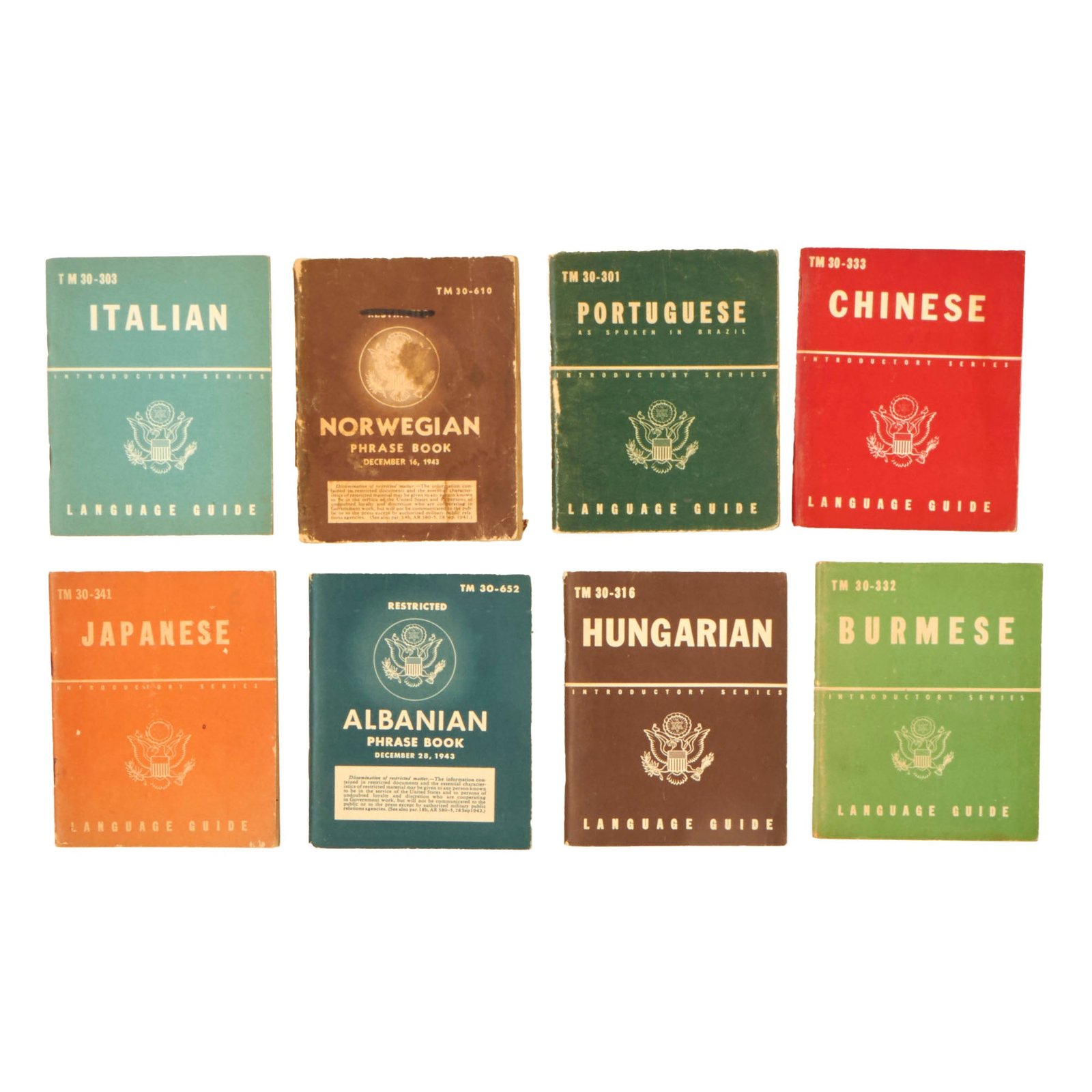 Buy Original U.S. WWII Foreign Language Phrase Book Lot - Chinese, Portuguese, Burmese, Hungarian, Albanian, Japanese, Italian, and Norwegian - Lot of 8 | Original Firearms Antique For Sale