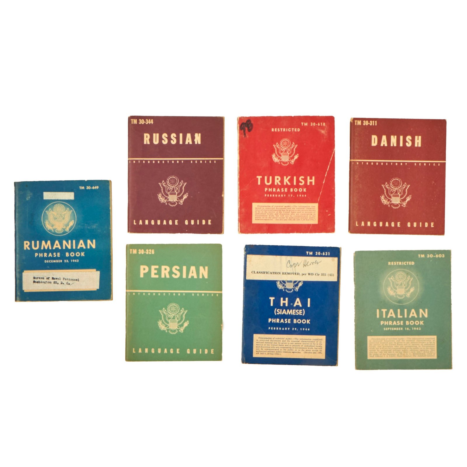 Buy Original U.S. WWII Foreign Language Phrase Book Lot - Italian, Rumanian, Persian, Russian, Thai, Turkish, & Danish - Lot of 7 | Original Firearms Antique For Sale
