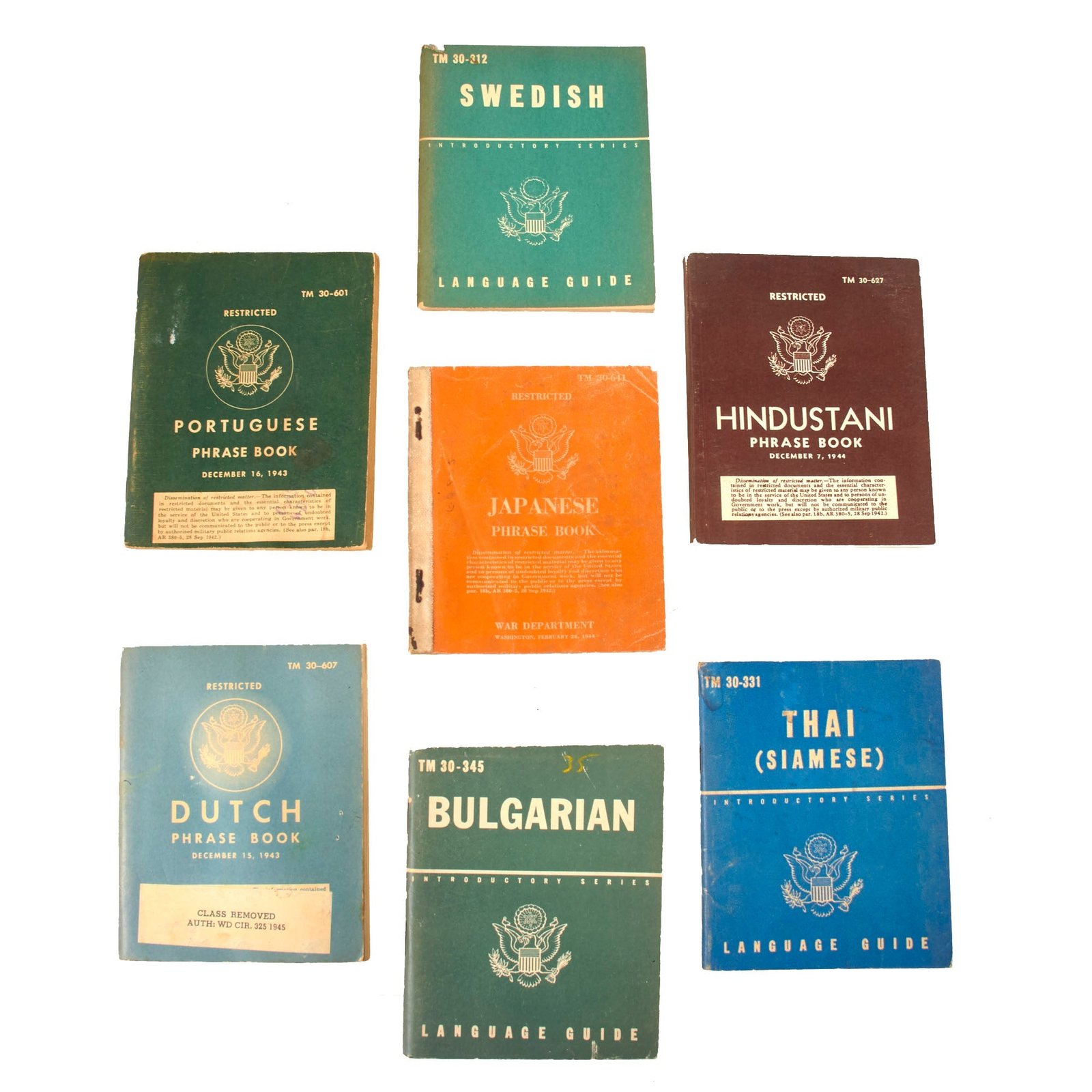 Original U.S. WWII Foreign Language Phrase Book Lot - Swedish, Portuguese, Thai, Hindustani, Bulgarian, Japanese, and Dutch - Lot of 7