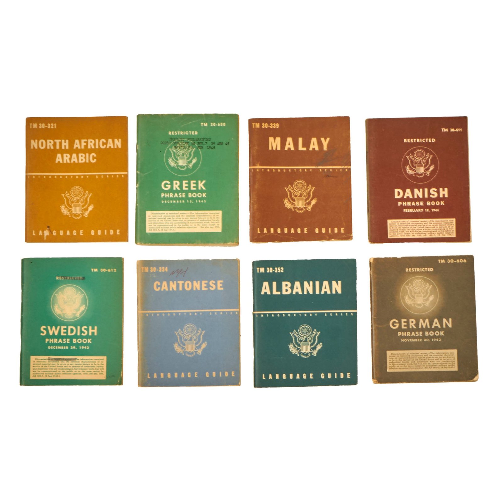 Buy Original U.S. WWII Foreign Language Phrase Book Lot - Swedish, Cantonese, Albanian, North African Arabic, Greek, Malay, Danish, & German - Lot of 8 | Original Firearms Antique For Sale