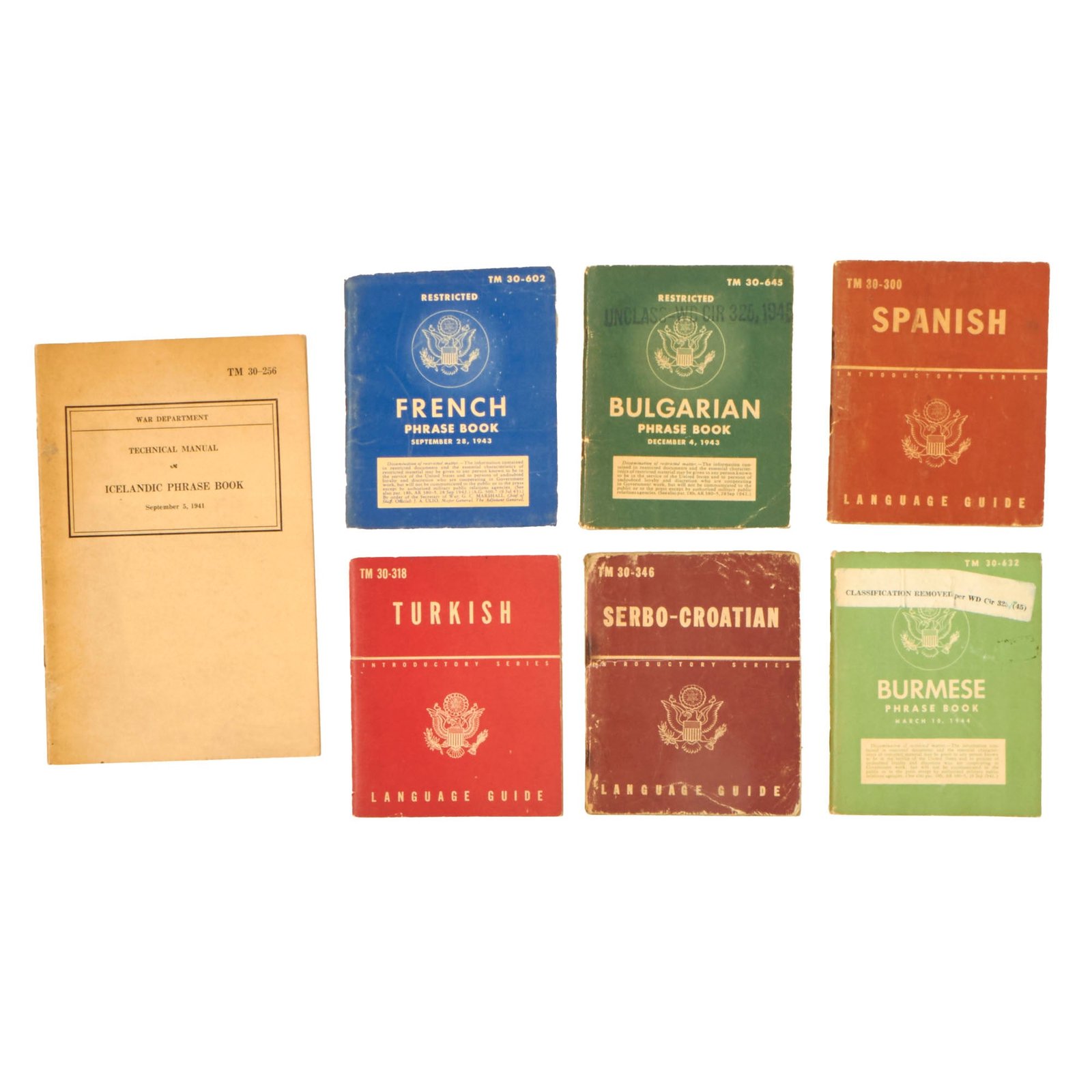 Buy Original U.S. WWII Foreign Language Phrase Book Lot - Burmese, Spanish, Bulgarian, French, Serbo-Croation, Turkish, & Icelandic- Lot of 7 | Original Firearms Antique For Sale