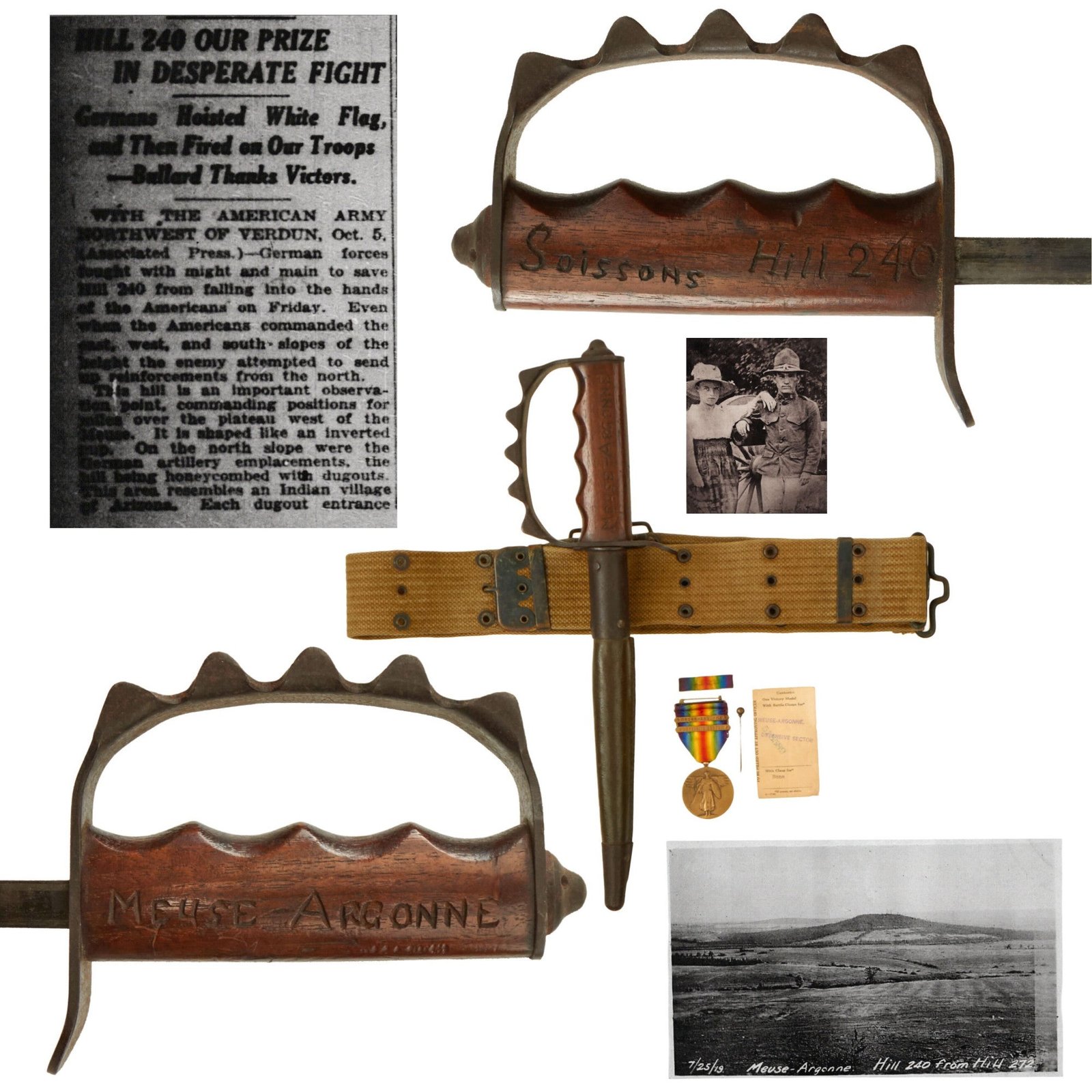 Buy Original U.S. WWI “Hill 240” Death Valley Battle-Carved M1917 Knuckle Duster Trench Knife by American Cutlery Co. with Pistol Belt & Victory Medal - Meuse-Argonne & Soissons | Original Firearms Antique For Sale
