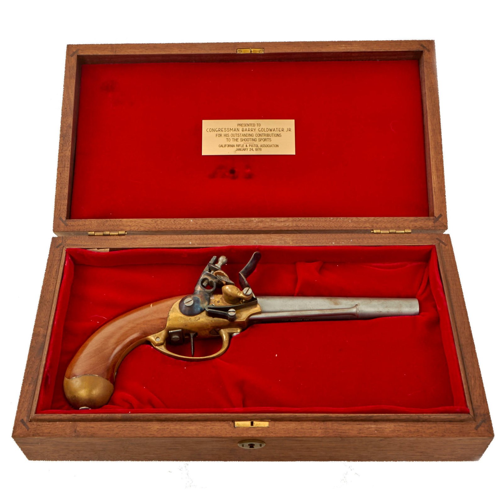 Buy Cased Italian Replica French Modèle 1777 Flintlock Cavalry Pistol Presented to Congressman Barry Goldwater Jr. in 1976 | Original Firearms Antique For Sale