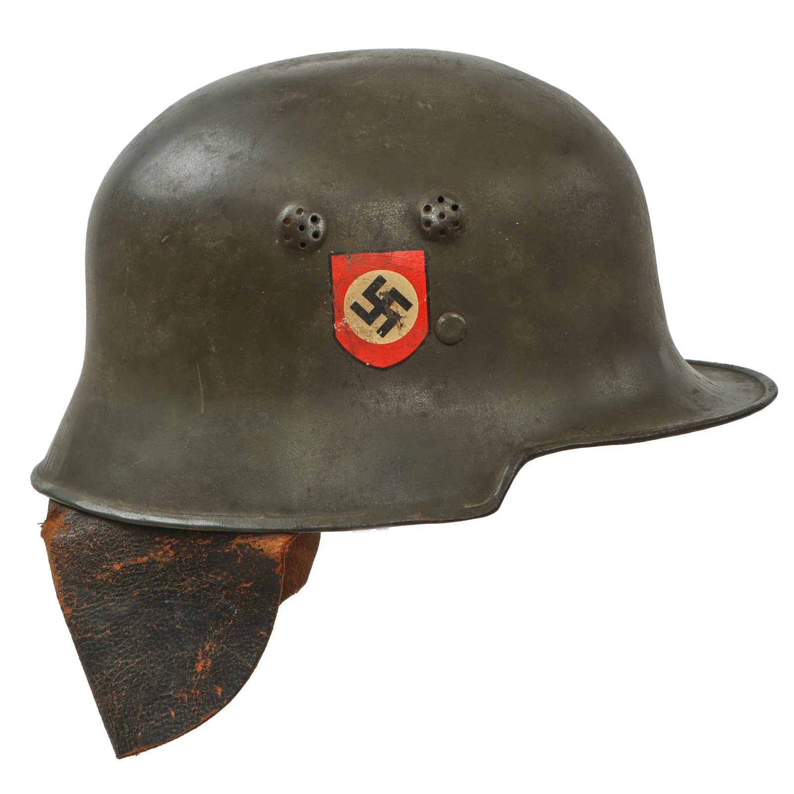 Original German WWII Early Green Finished M34 Square Dip Fire Police Helmet with Rare Leather Neck Shield - Feuerwehr
