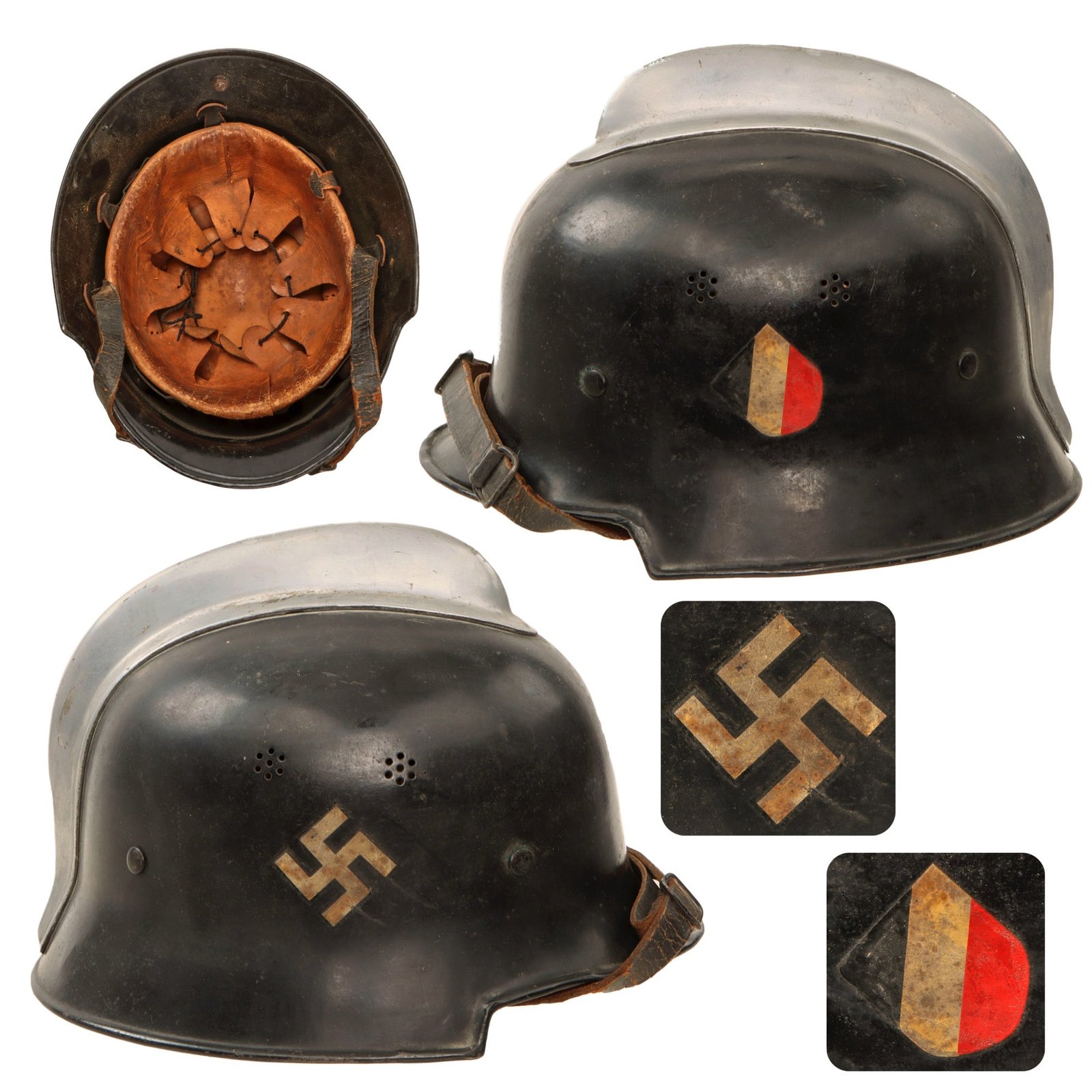 Original German Pre-WWII M34 Square Dip Early Style Fire Police Helmet with Double Decals and Aluminum Comb