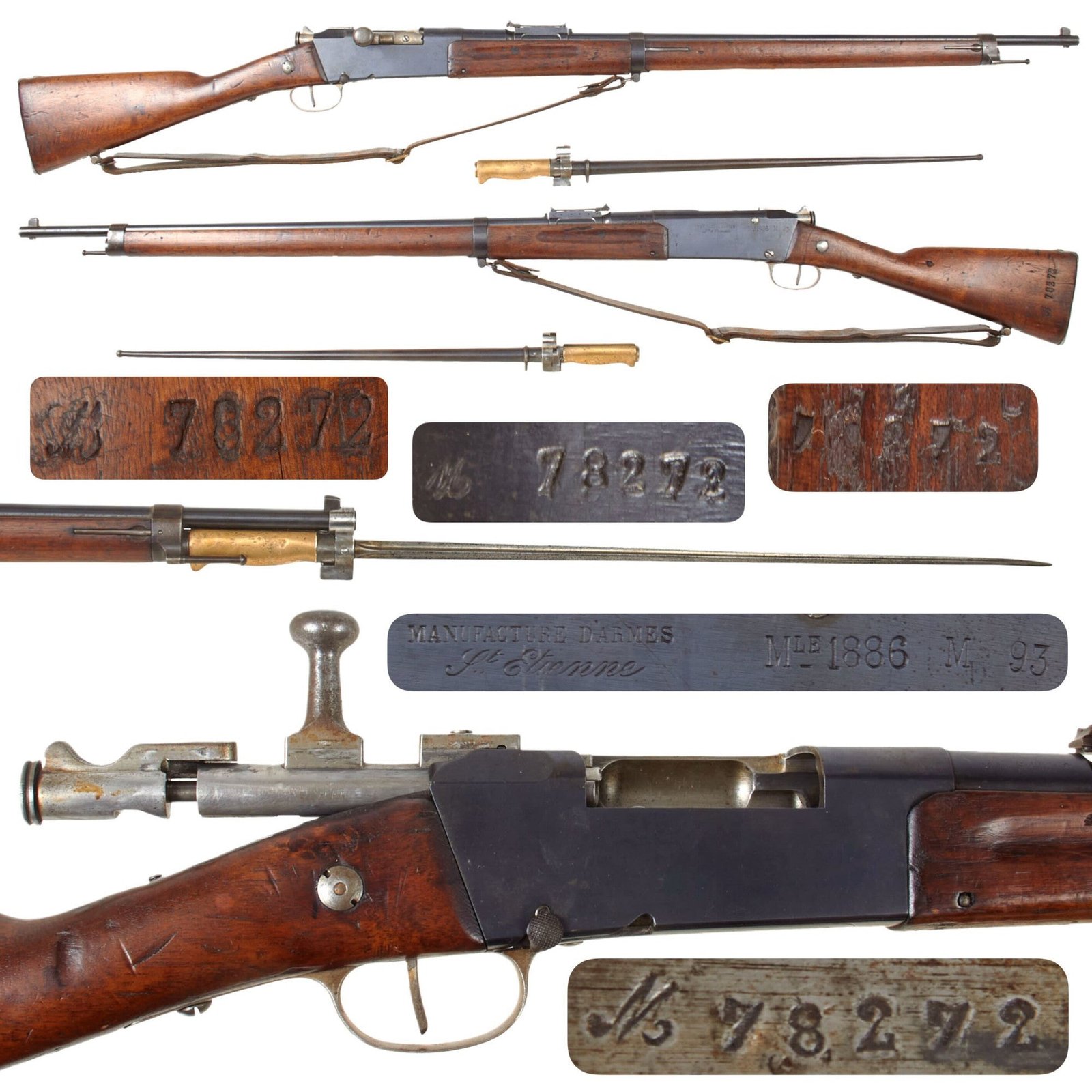 Original Antique French Lebel Fusil Modèle 1886 M93 Infantry Rifle by St. Étienne Dated 1889 with Bayonet & Sling - Serial M 78272