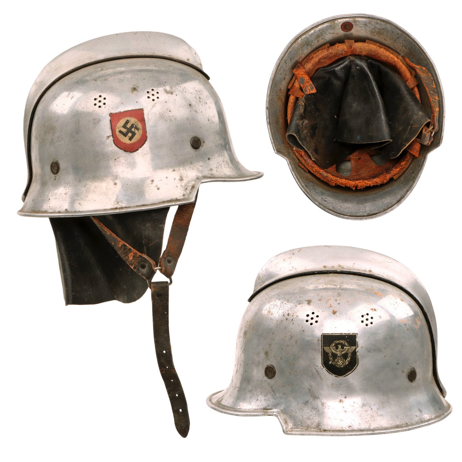 Original German WWII M34 Civic Square Dip Bright Aluminum Fire Police Helmet in 55cm with Double Decals and Neck Shield - Feuerwehr Helmet