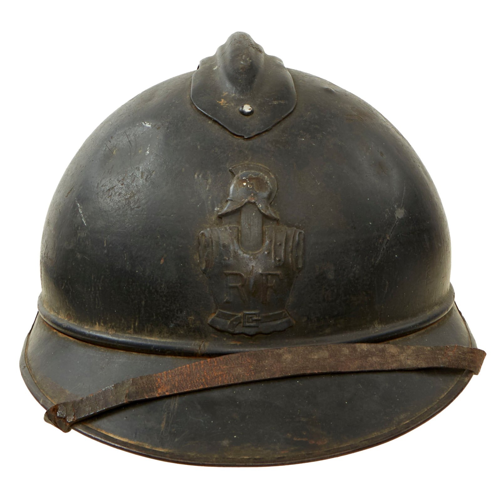 Buy Original French WWI Model 1915 Adrian Helmet in Horizon Blue with RF Engineer Badge - Complete | Original Firearms Antique For Sale