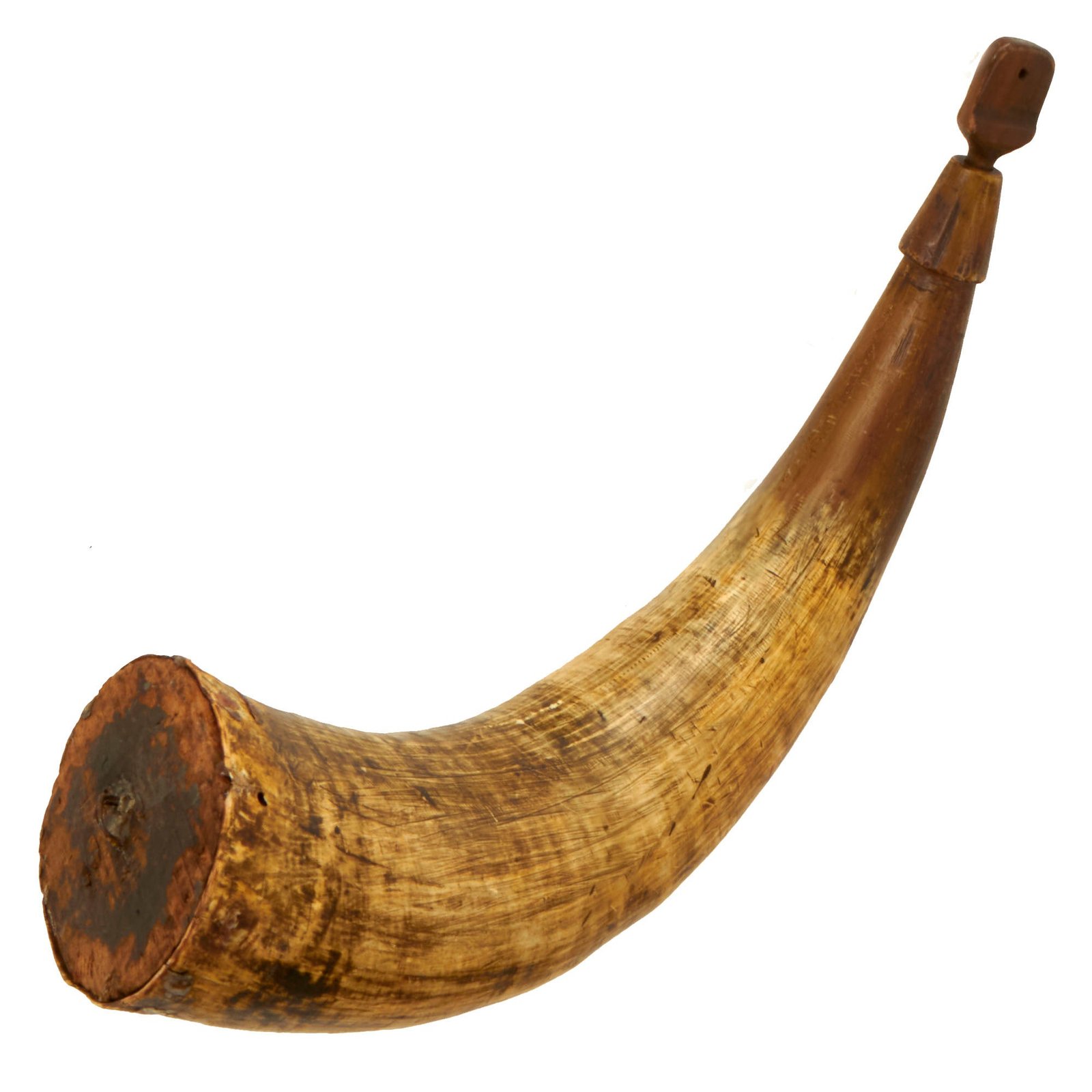 Buy Original U.S. Revolutionary War Era Powder Horn with Original Wooden Plug | Original Firearms Antique For Sale