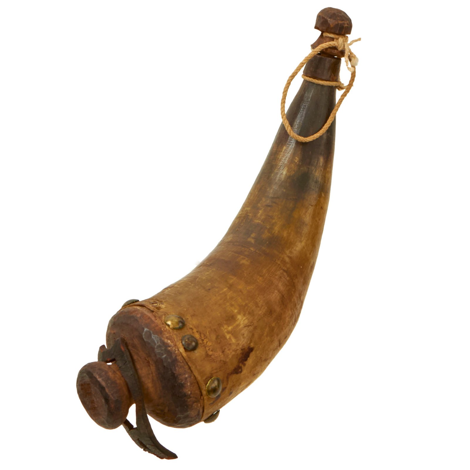 Buy Original U.S. Revolutionary War Era Powder Horn with Remnant of Leather Strap & Original Wooden Plug | Original Firearms Antique For Sale