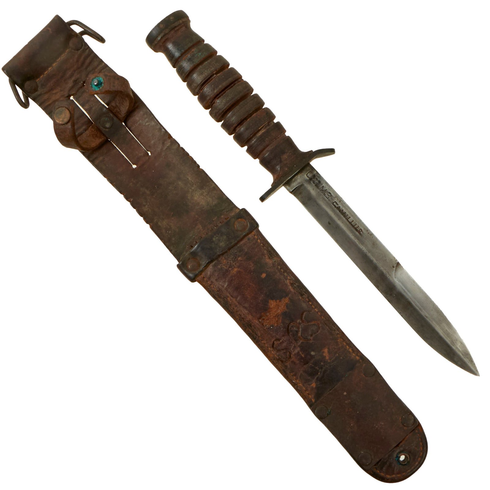 Buy Original U.S. WWII M3 Blade Marked Fighting Knife by Camillus with Personalized M6 Leather Scabbard | Original Firearms Antique For Sale