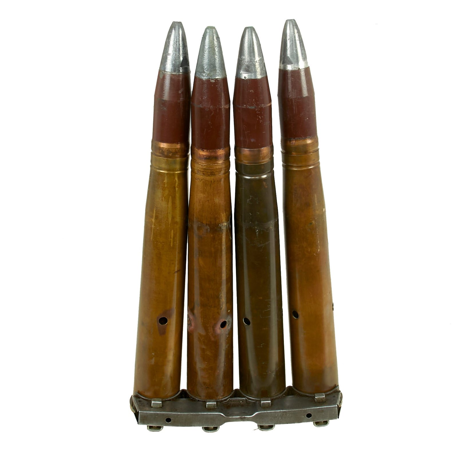 Buy Original U.S. WWII Set of Four 1942 & 1943 Dated 40mm Bofors Gun Rounds with Original Clip - Inert | Original Firearms Antique For Sale