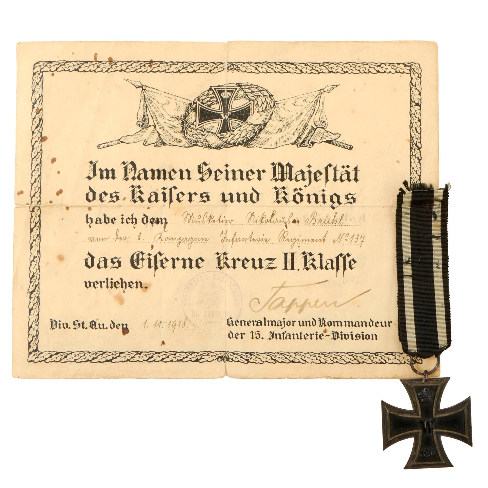 Buy Original Imperial German WWI Prussian Iron Cross 2nd Class 1914 with Ribbon & Award Document - 137th (2nd Lower Alsatian) Infantry - EKII | Original Firearms Antique For Sale