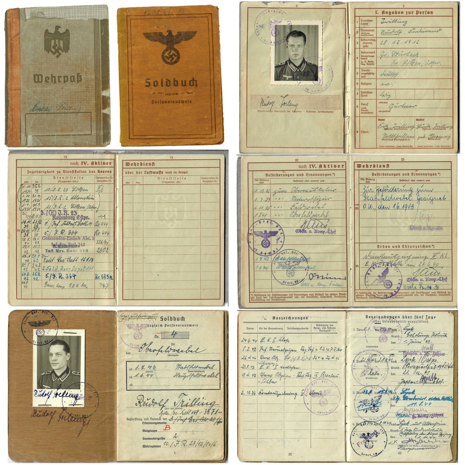 Buy Original German WWII Soldbuch and Wehrpaß Grouping Named to Hauptfeldwebel Rudolf Trilling of Infantry Regiment 364 | Original Firearms Antique For Sale