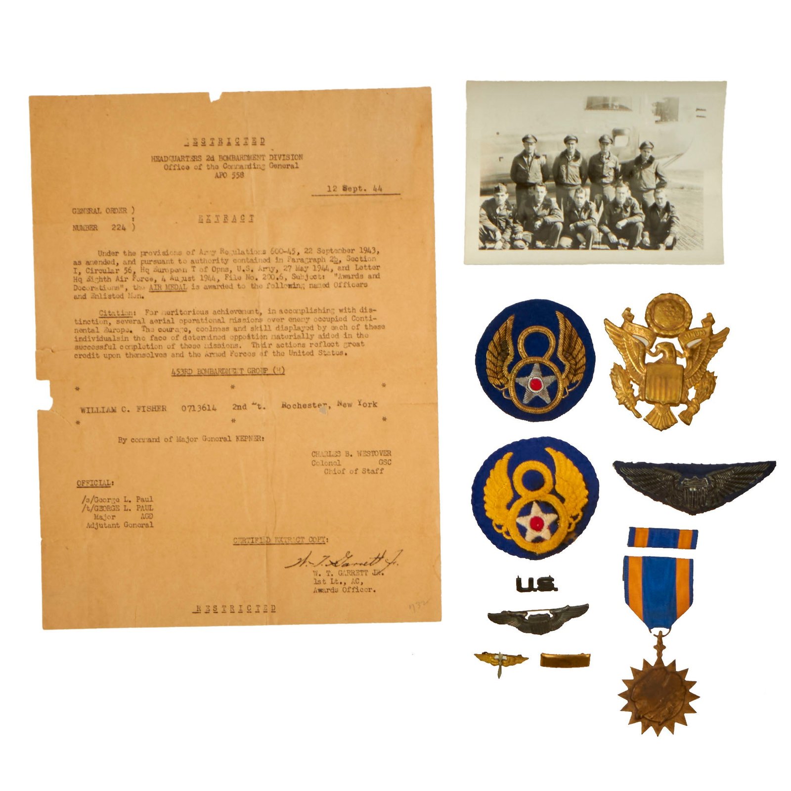 Buy Original U.S. WWII 453rd BG 8th Air Force Air Medal Citation & Insignia Grouping - Lieutenant William C. Fisher | Original Firearms Antique For Sale