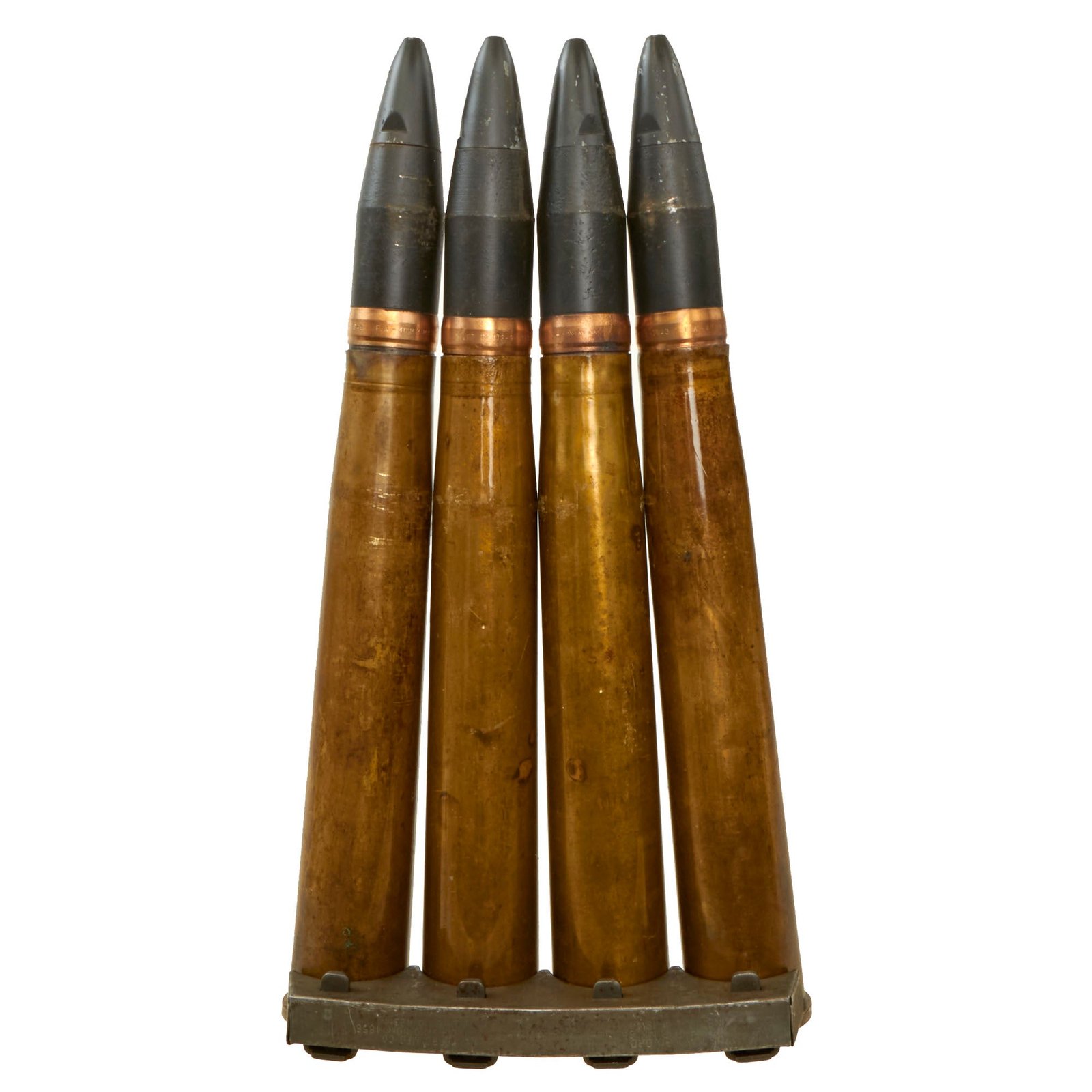 Buy Original U.S. WWII Set of Four 1943 Dated 40mm Bofors Gun Rounds with 1944 Dated Clip - Inert | Original Firearms Antique For Sale
