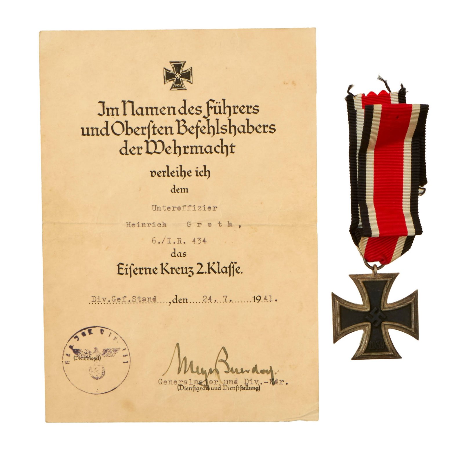 Buy Original German WWII Iron Cross 2nd Class 1939 EKII with Named Award Document and Research - 434th Infantry Regiment | Original Firearms Antique For Sale