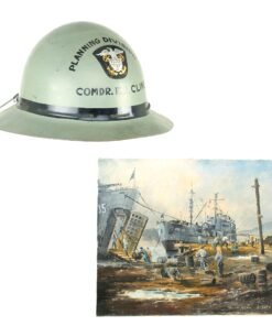 Buy Original U.S. Korean War Navy Commander’s Painted Planning Division Helmet with Painting of Ulsan 1951 - Commander Ford Robert Cline - 15 x 18” | Original Firearms Antique For Sale