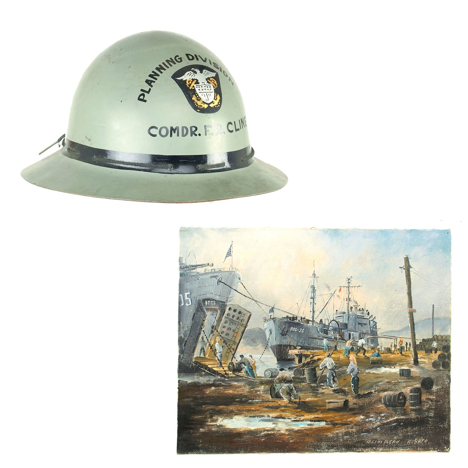 Buy Original U.S. Korean War Navy Commander’s Painted Planning Division Helmet with Painting of Ulsan 1951 - Commander Ford Robert Cline - 15 x 18” | Original Firearms Antique For Sale