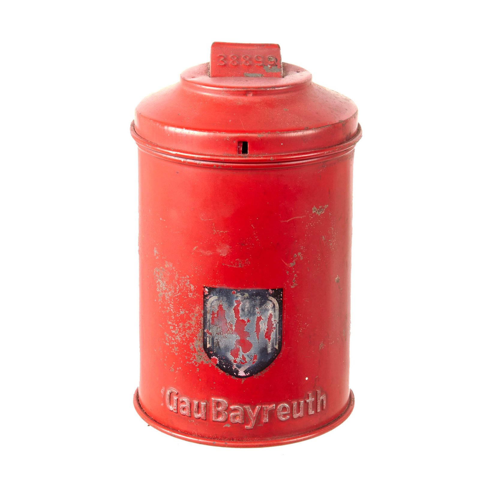 Buy Original German WWII WHW Gau Bayreuth Donation Can by Westermann & Co Neheim-Ruhr with Helmet Decal - Dated 1943 | Original Firearms Antique For Sale
