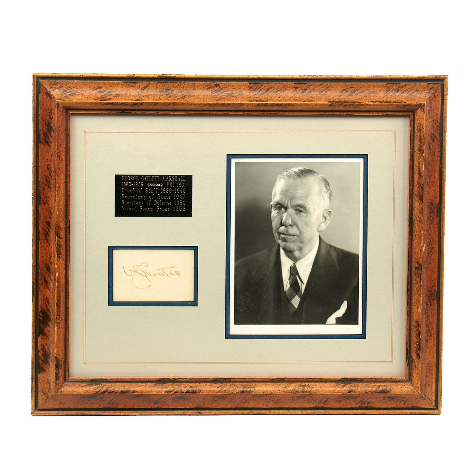 Buy Original U.S. WWII General George C. Marshall Autograph with Photo & Plaque - Secretary of State & Defense - Nobel Peace Prize Recipient - 13½ x 16½” | Original Firearms Antique For Sale