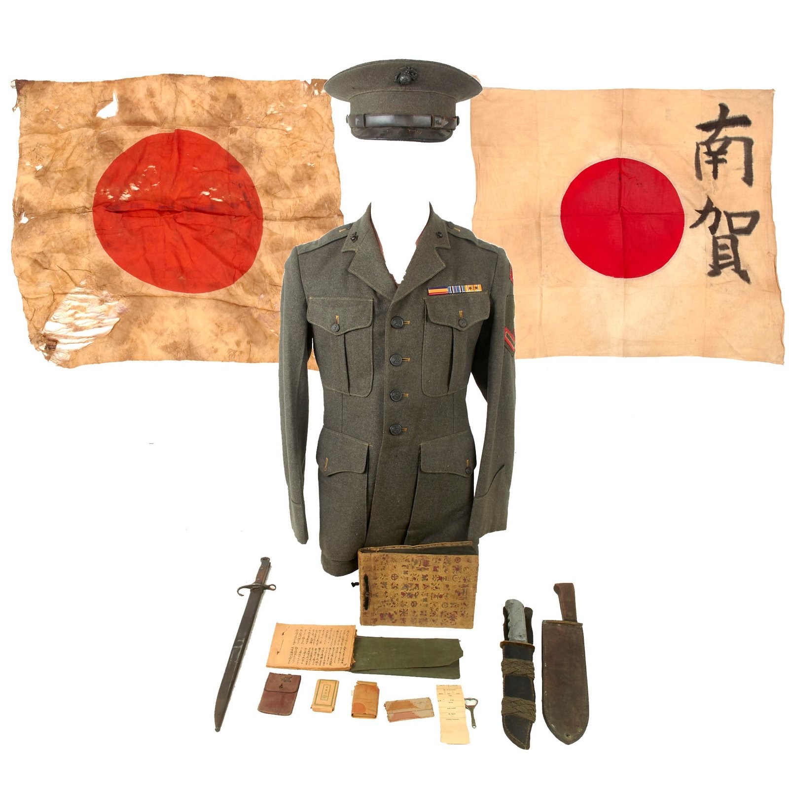 Buy Original U.S. WWII USMC Wounded Navy Corpsman Uniform Grouping with Theater-Made Fighting Knife, Bolo Machete & Japanese Souvenirs - Grim Battlefield-Captured Flag, Bayonet, Photo Album with Censor Stamps & More - Pharmacist Mate Primo Frank Cardinalli | Original Firearms Antique For Sale
