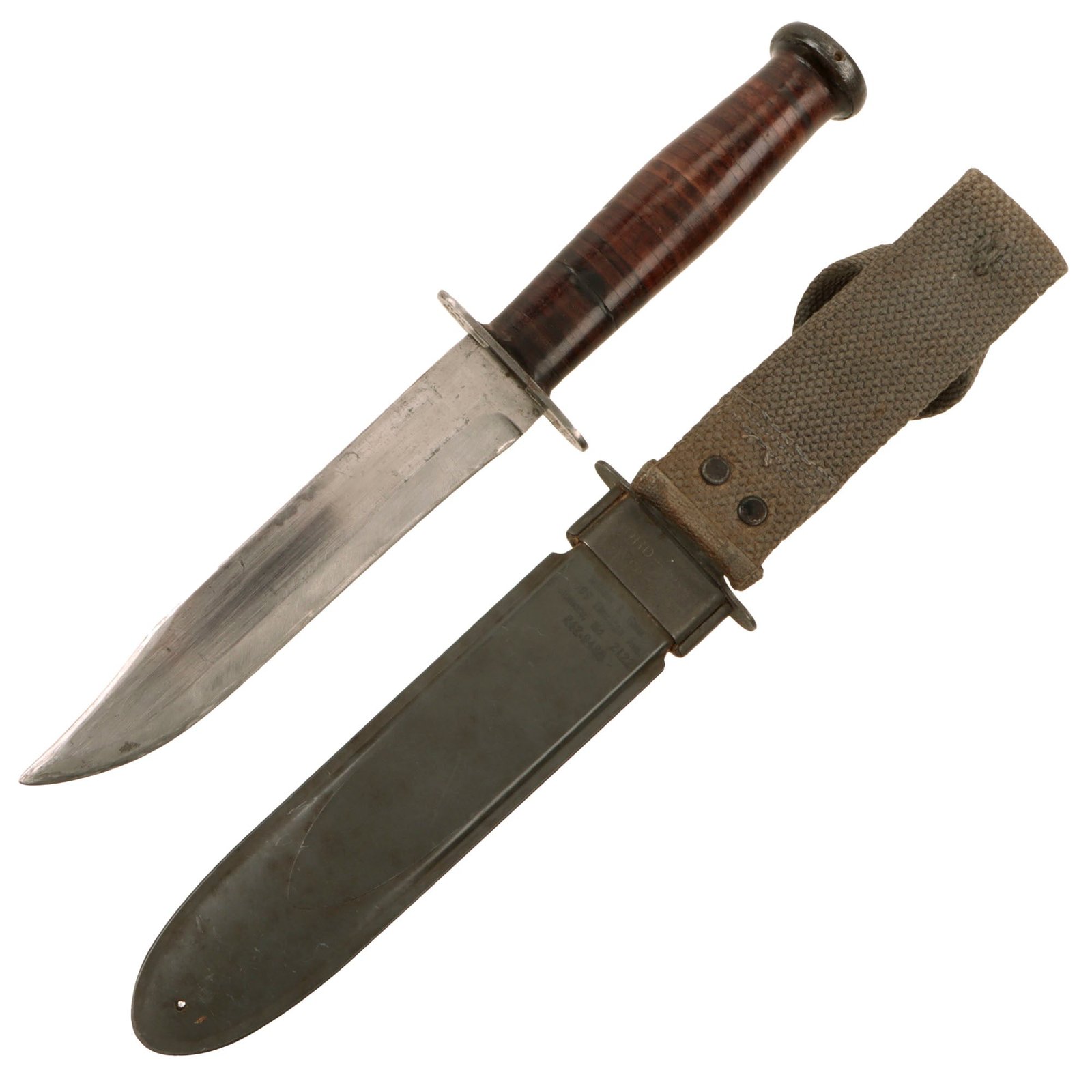 Original U.S. WWII Late War Navy Mark 2 KA-BAR Fighting Knife by Union Cutlery with U.S.N. MK2 Scabbard & Worn-Down Grip