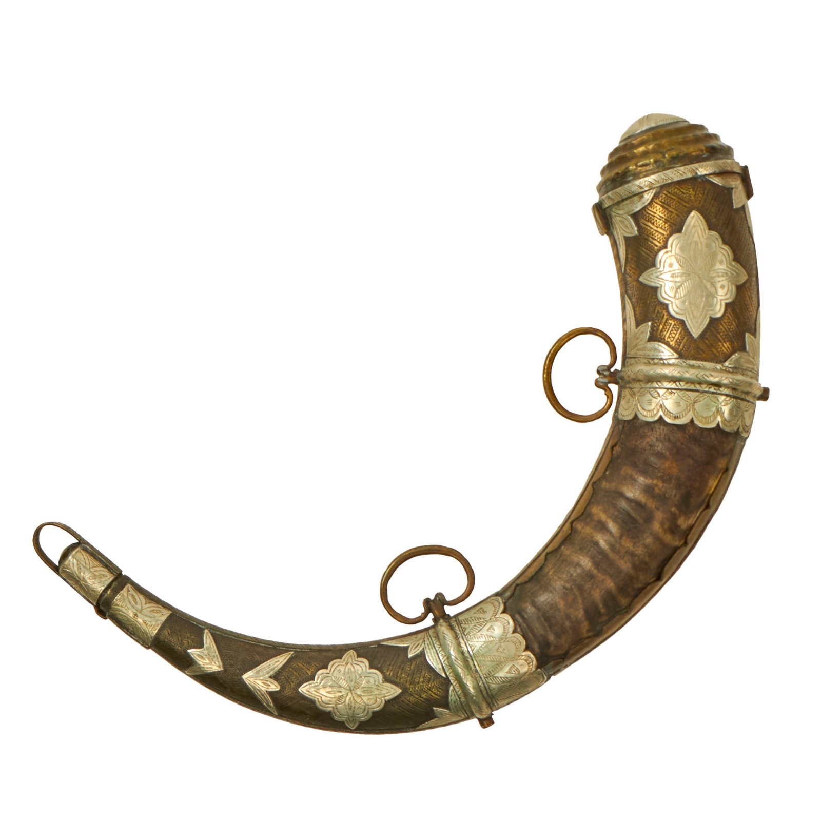 Original 19th Century Ottoman Empire Silver-Embellished Powder Horn with Plug & Notched Closure