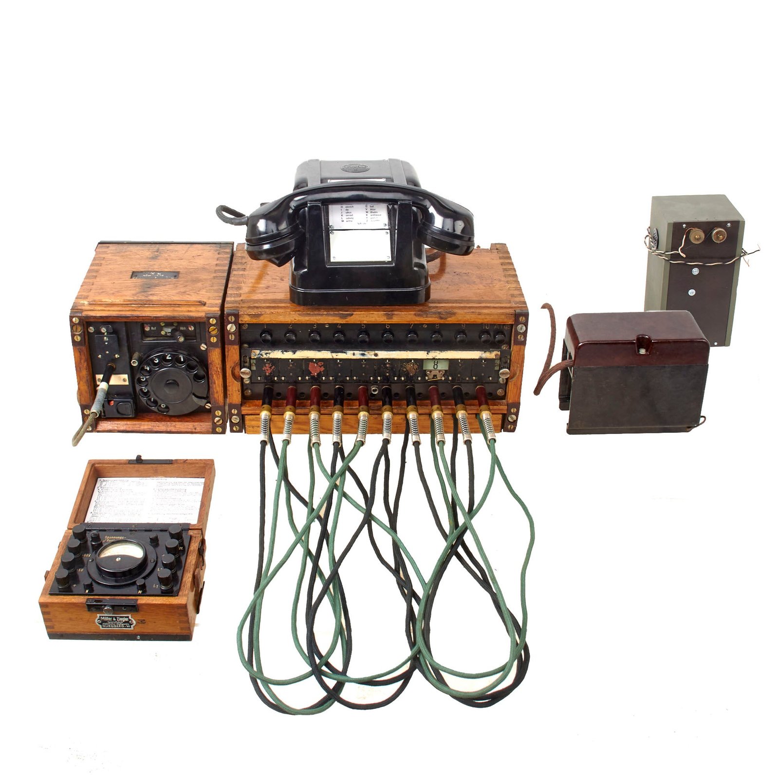 Original East German Post-WWII Field Telephone Klappenschrank 10 Line Phone Switchboard Set with Dial Box, Reproduction Ringer Box & Czech Desk Phone for Display (Identical to WWII German)