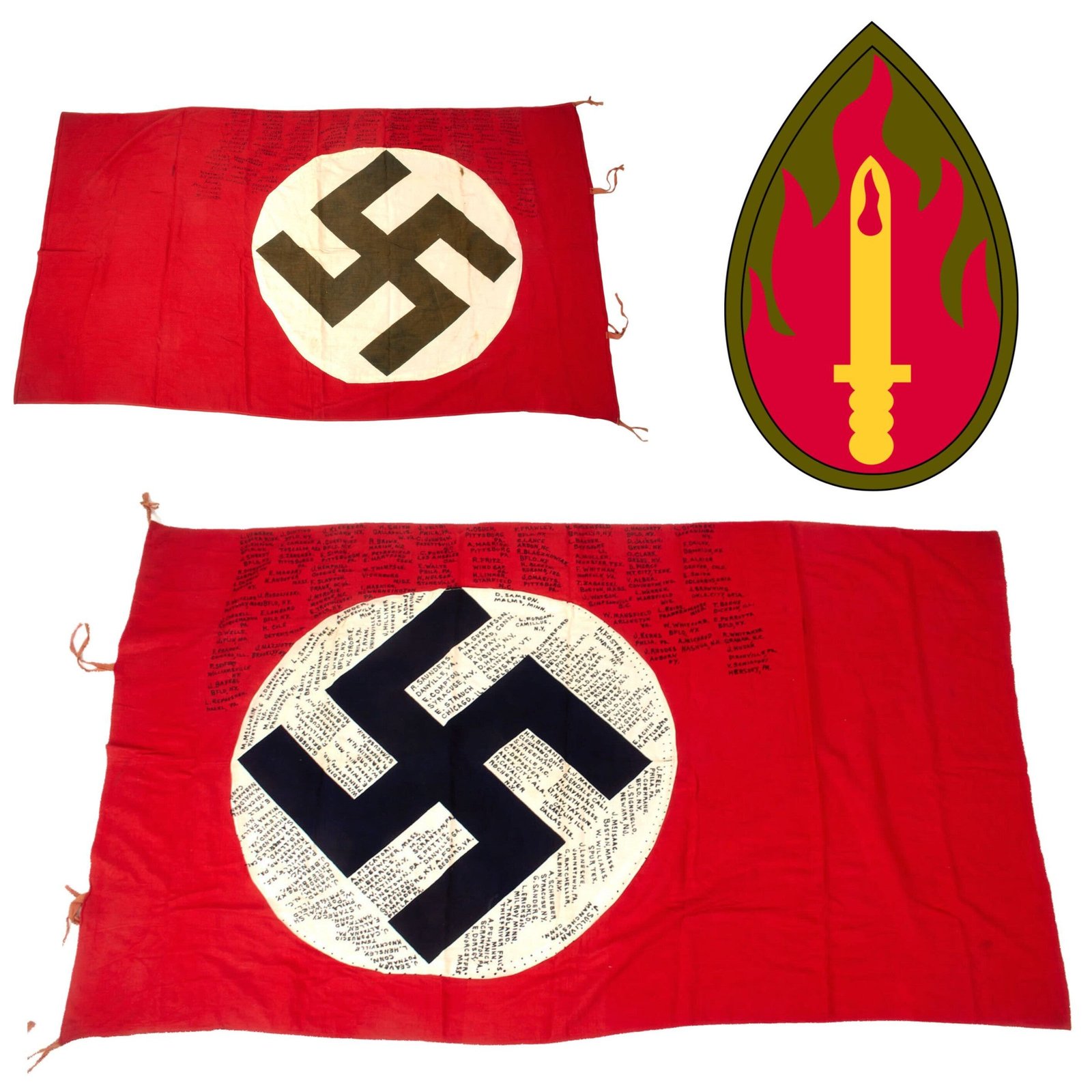 Original U.S. WWII Outstanding 63rd “Blood and Fire” Infantry Division Captured German Banner Signed by 158 Soldiers - Several Men of 255th Infantry Regiment - 33 x 58”