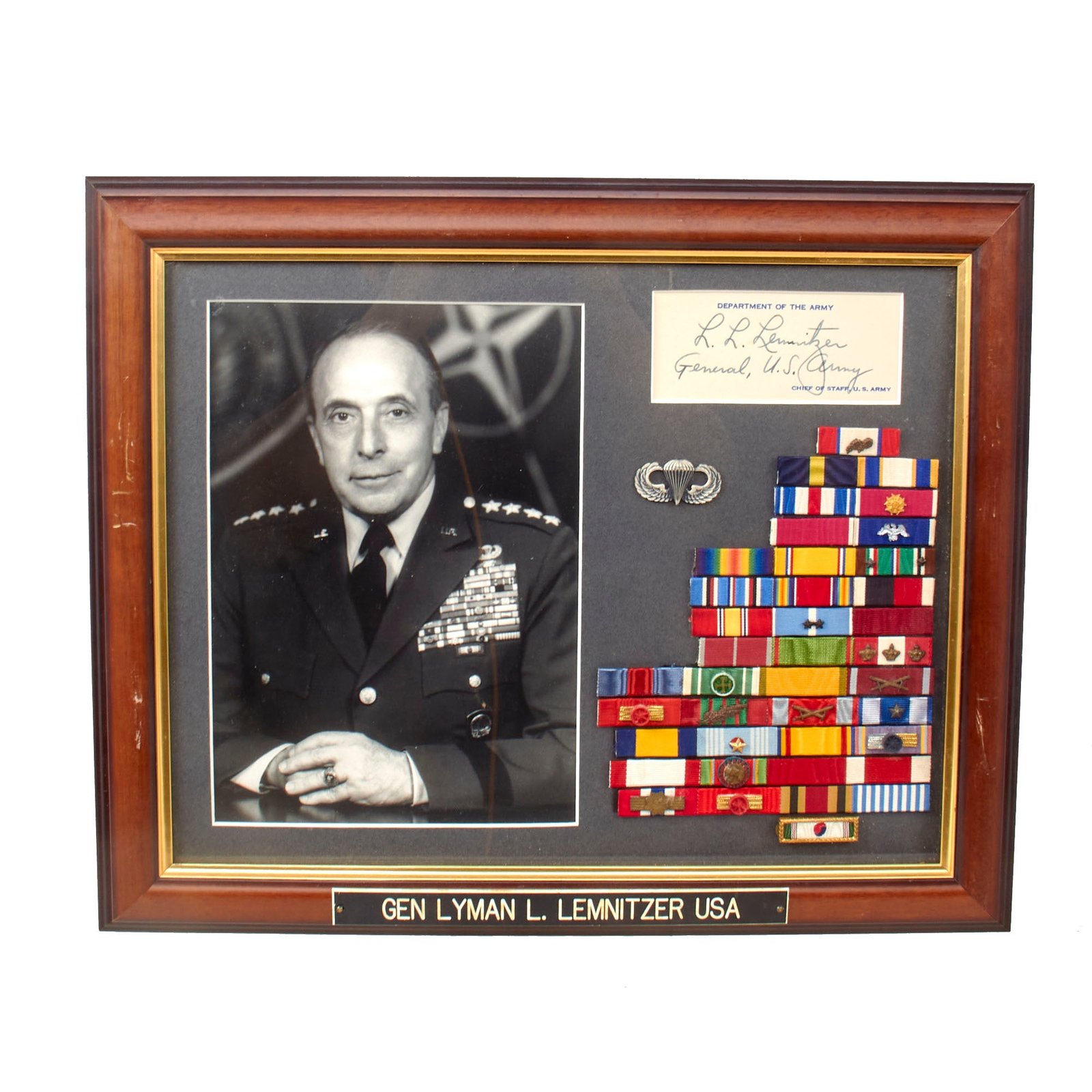 Original U.S. WWII General Lyman L. Lemnitzer Framed Signature & Ribbon Bar with Paratrooper Wings - 13½ x 16½”