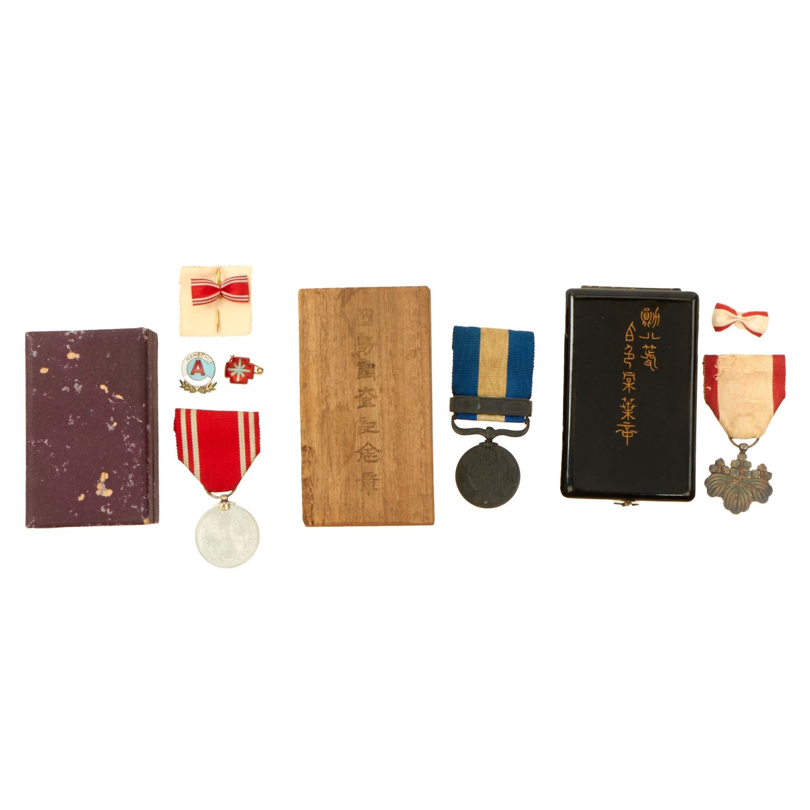Original Japanese WWI & WWII Lot of Three Medals in Original Boxes - Siege of Tsingtao Medal, Red Cross Medal, Order of the Rising Sun 8th Class