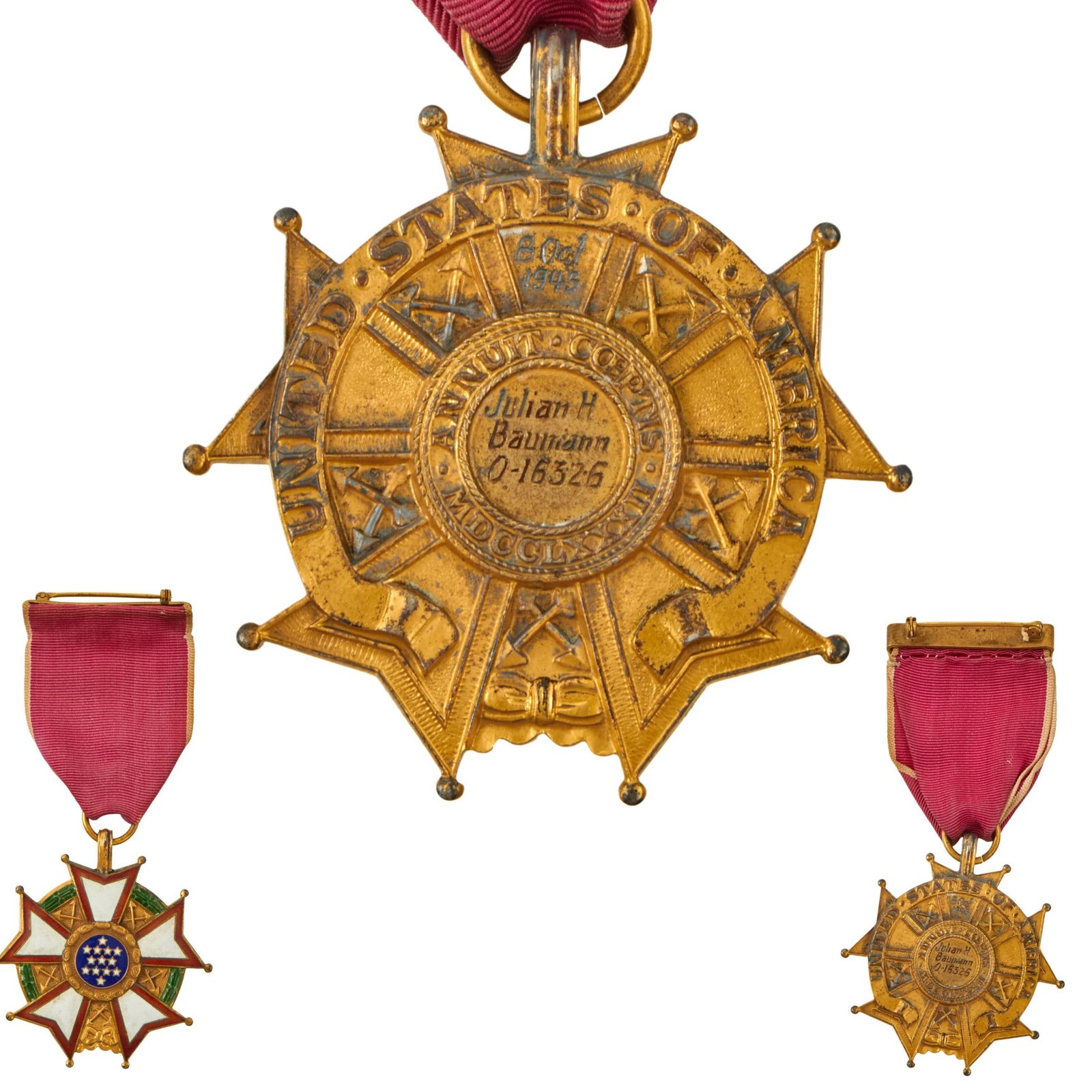 Original U.S. WWII Engraved Legion of Merit Medal of Colonel Julian H Baumann with Engraved Serial Number and Date of Award - 64th Chinese Army Chief Liaison Officer