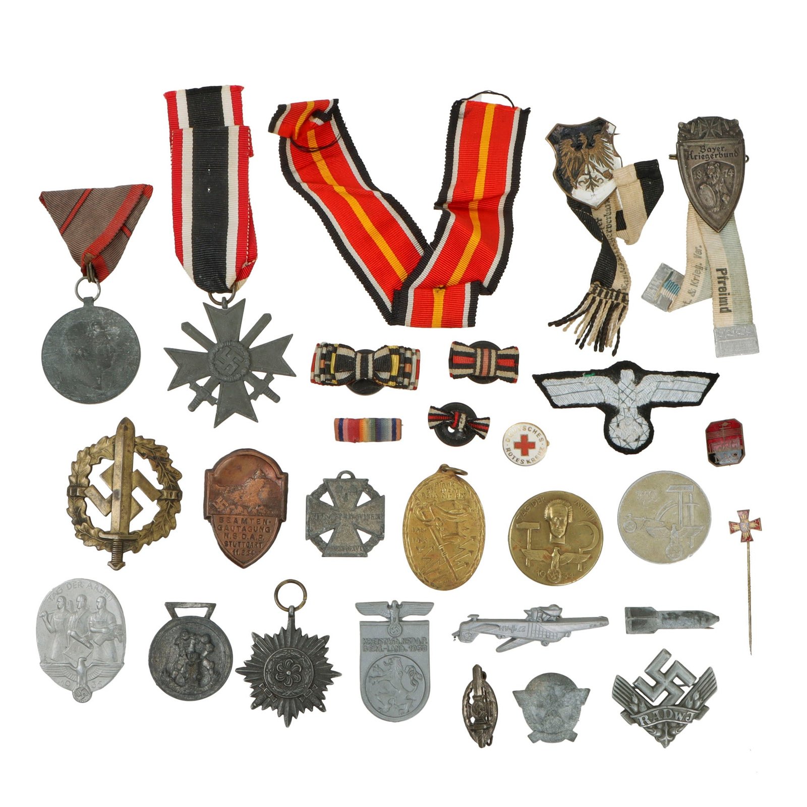 Original German WWI - WWII Medal, Tinnie, and Insignia Lot Featuring KvKII with Swords and Sports Team Badge - 28 Items