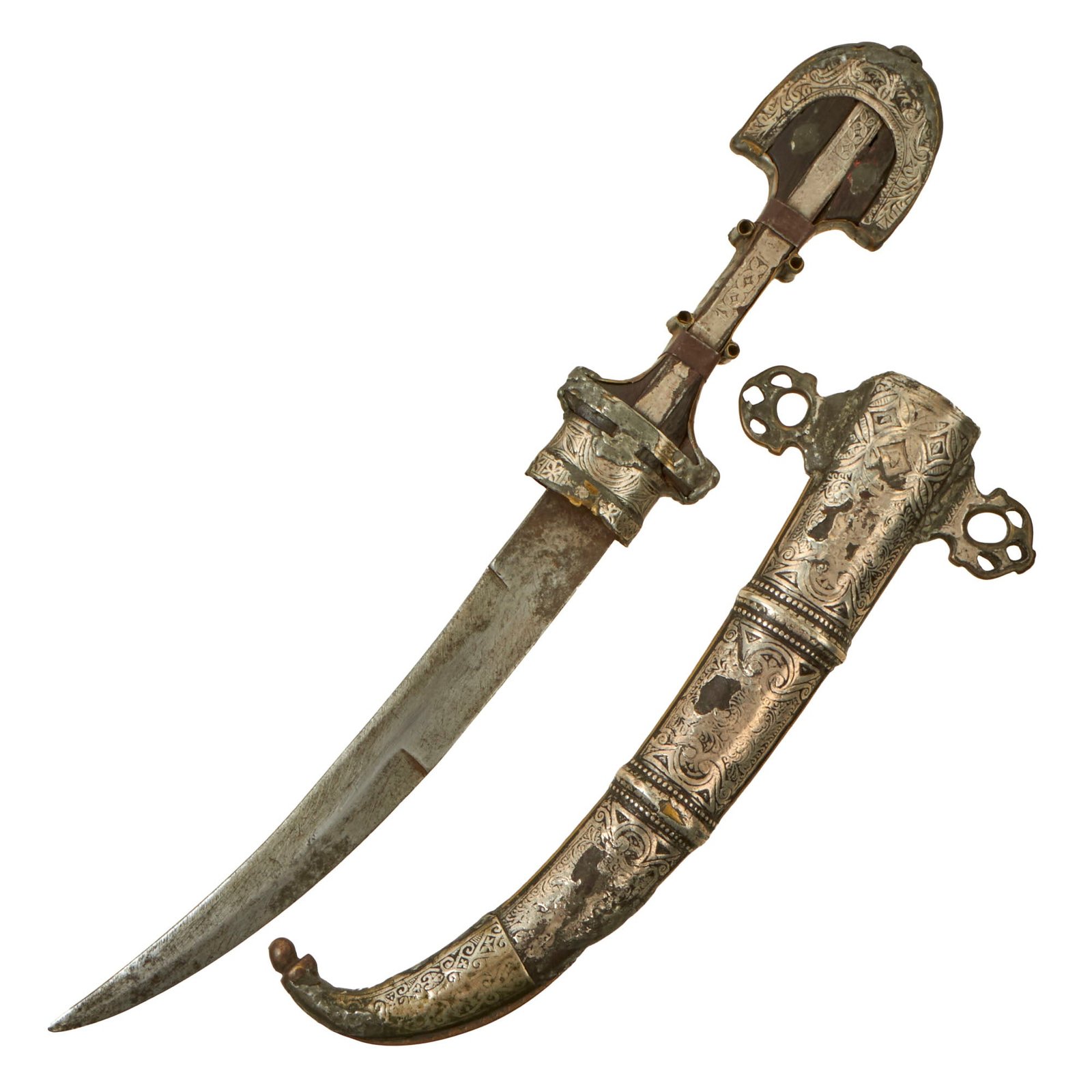 Original 19th Century North African - Arabian Jambiya Dagger with Embossed Brass & Silver Clad Hilt & Scabbard - Circa 1880