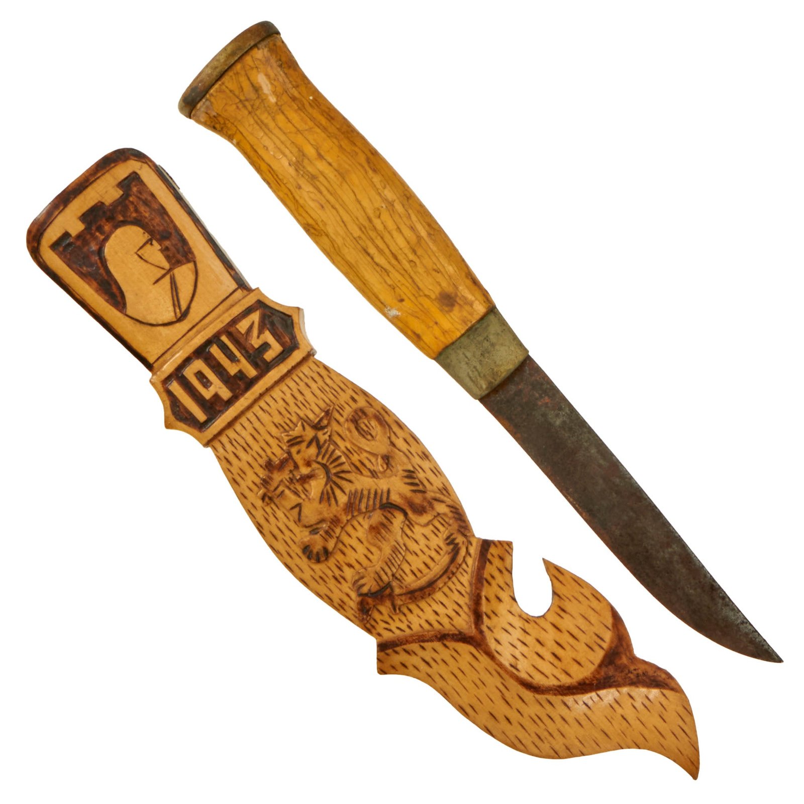 Original German Finnish WWII Puukko Souvenir Knife with Carved Wooden Scabbard