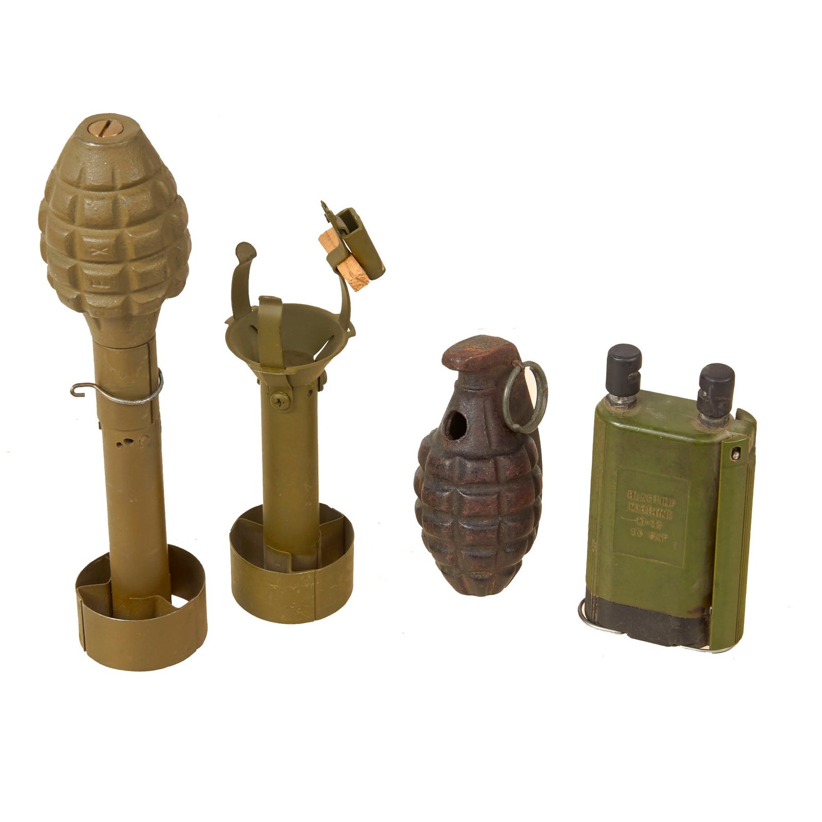 Original U.S. WWII - Vietnam War Inert Ordnance Lot with M17 Rifle Grenade Mockup, M-34 Blasting Cap Firing Device, and Training Grenade