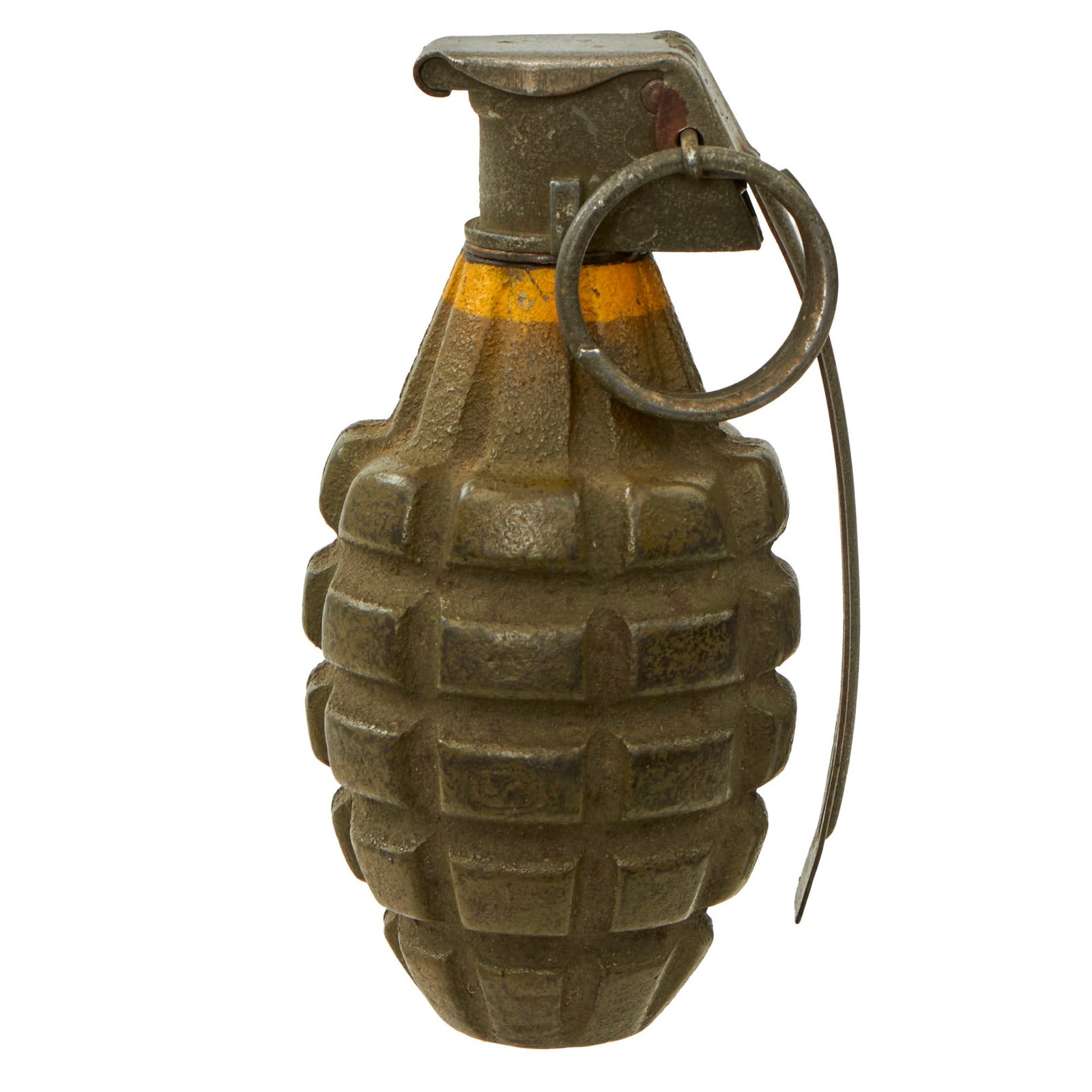 Original U.S. WWII Inert MkII Pineapple Grenade with Yellow Ring with Correct Fuze with Worn-Away Markings - Great Paint