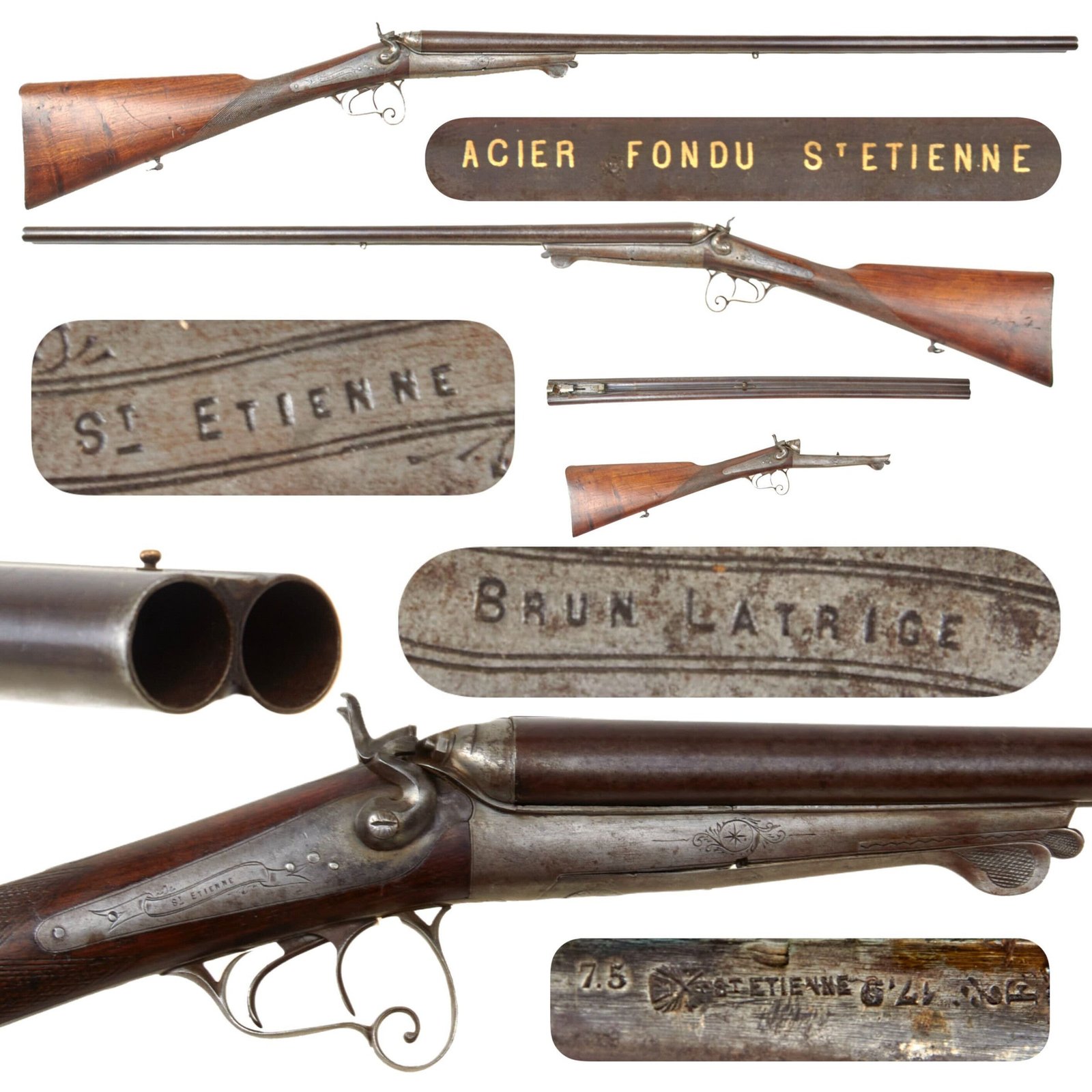 Original Late 19th Century French 14 Gauge Double Barrel Under Lever Hammer Shotgun Serial 502 by Brun Latrige of St-Étienne - circa 1885