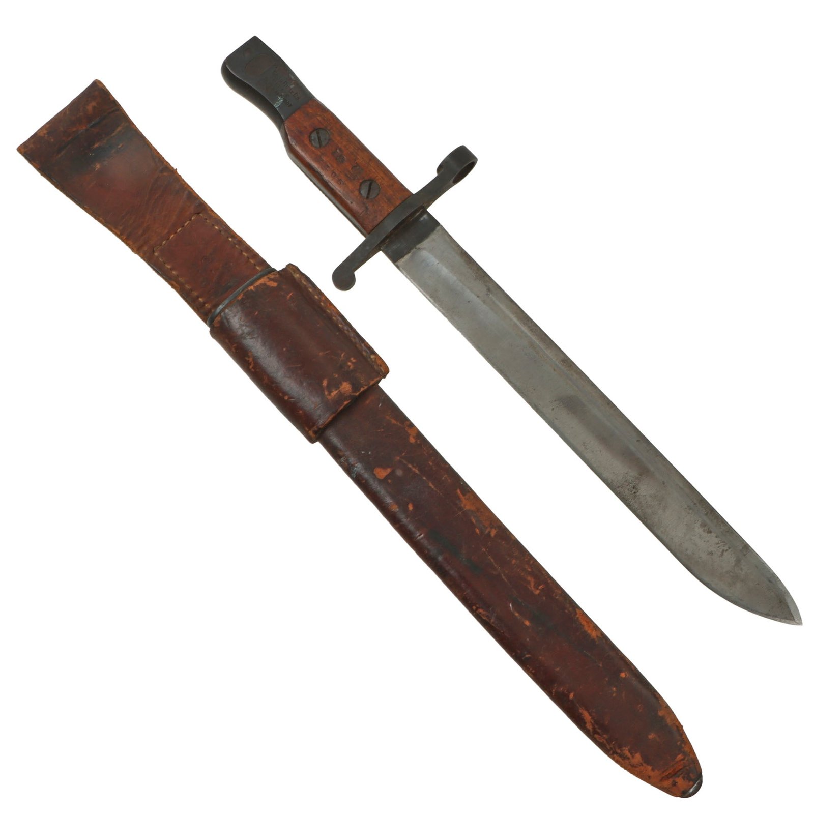 Original Canadian WWI Mk.I Ross Rifle Bayonet with U.S. WWI Surcharges and WWII Scabbard - Dated 1909
