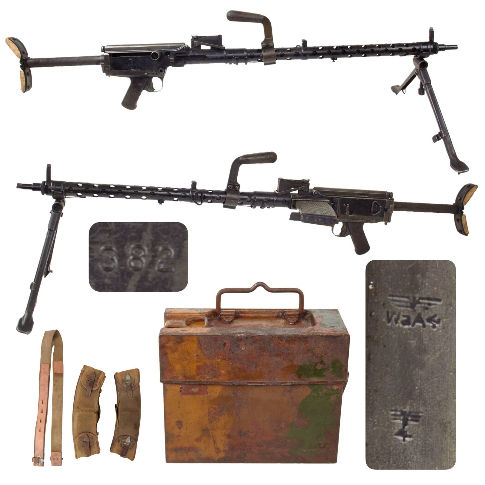 Original German WWII MG 13 Display Light Machine Gun with Carry Handle, Magazine Pouch Set, and Empty Normandy Camo Magazine Case - Maschinengewehr 13