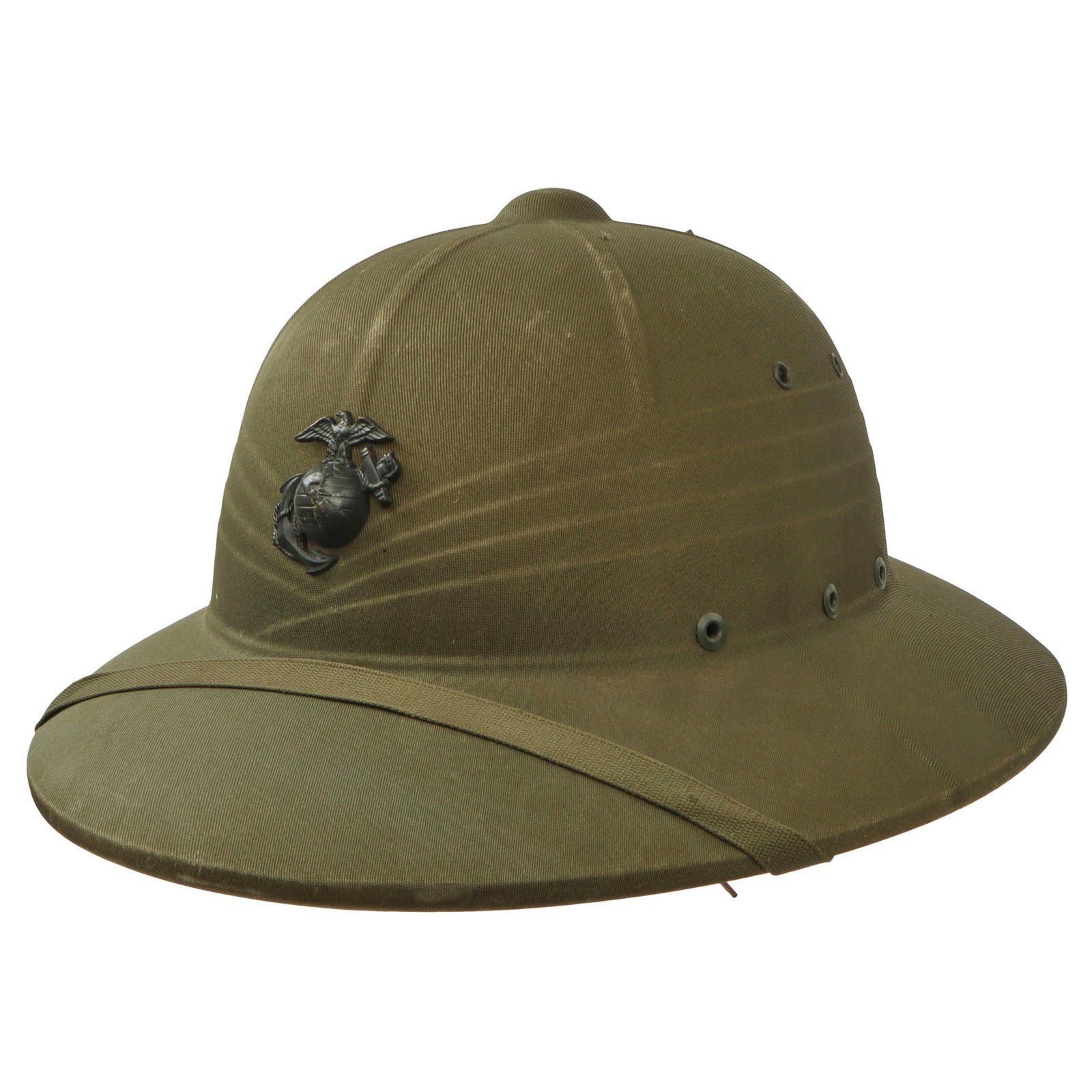 Original U.S. WWII-Era US Marine Corps Issue M-1940 Pressed Fiber Sun Helmet with Original Chinstrap & EGA Device