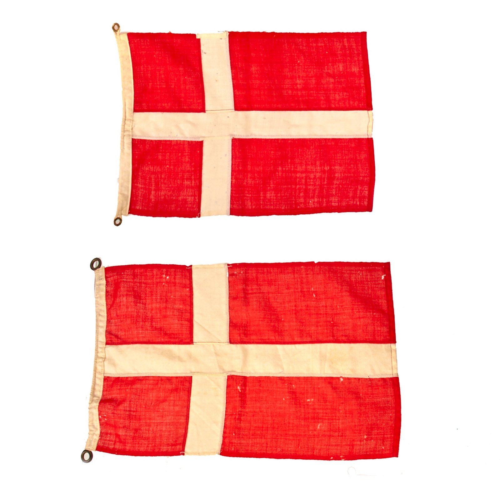 Original Danish WWII Era Pair of Danish Flags with Grommets - 11 x 16” & 13 x 21”