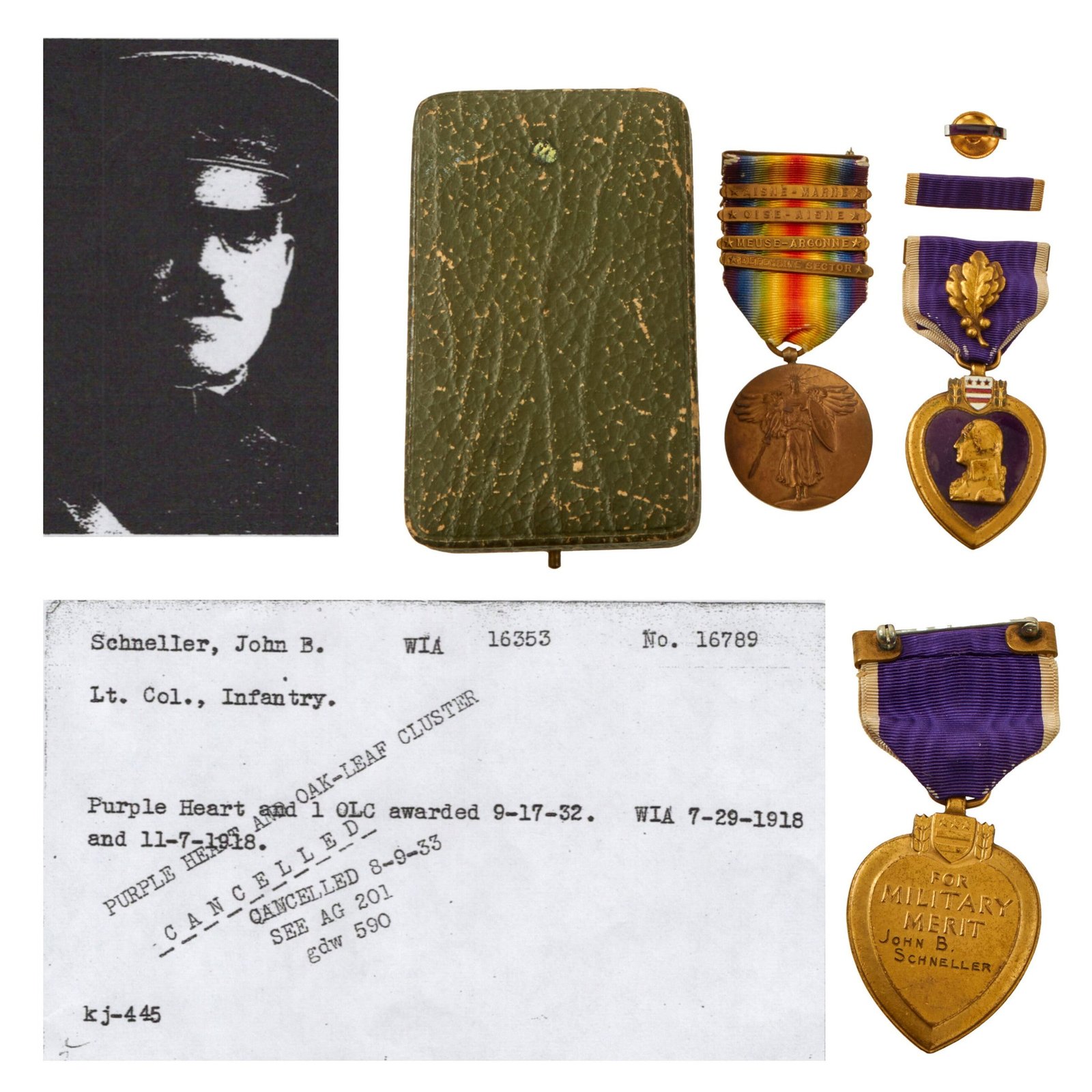 Original U.S. WWI 32nd Division Purple Heart Medal with TOLC & Victory Medal to Lieutenant Colonel John B. Schneller with Paperwork Showing Cancellation of Medal - Rare