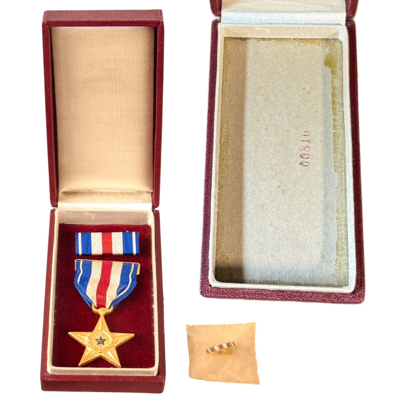 Original U.S. WWII Navy Early Issue Silver Star Medal with Wrap Brooch in Early Issue Numbered Red Box with Pin & Ribbon - Excellent