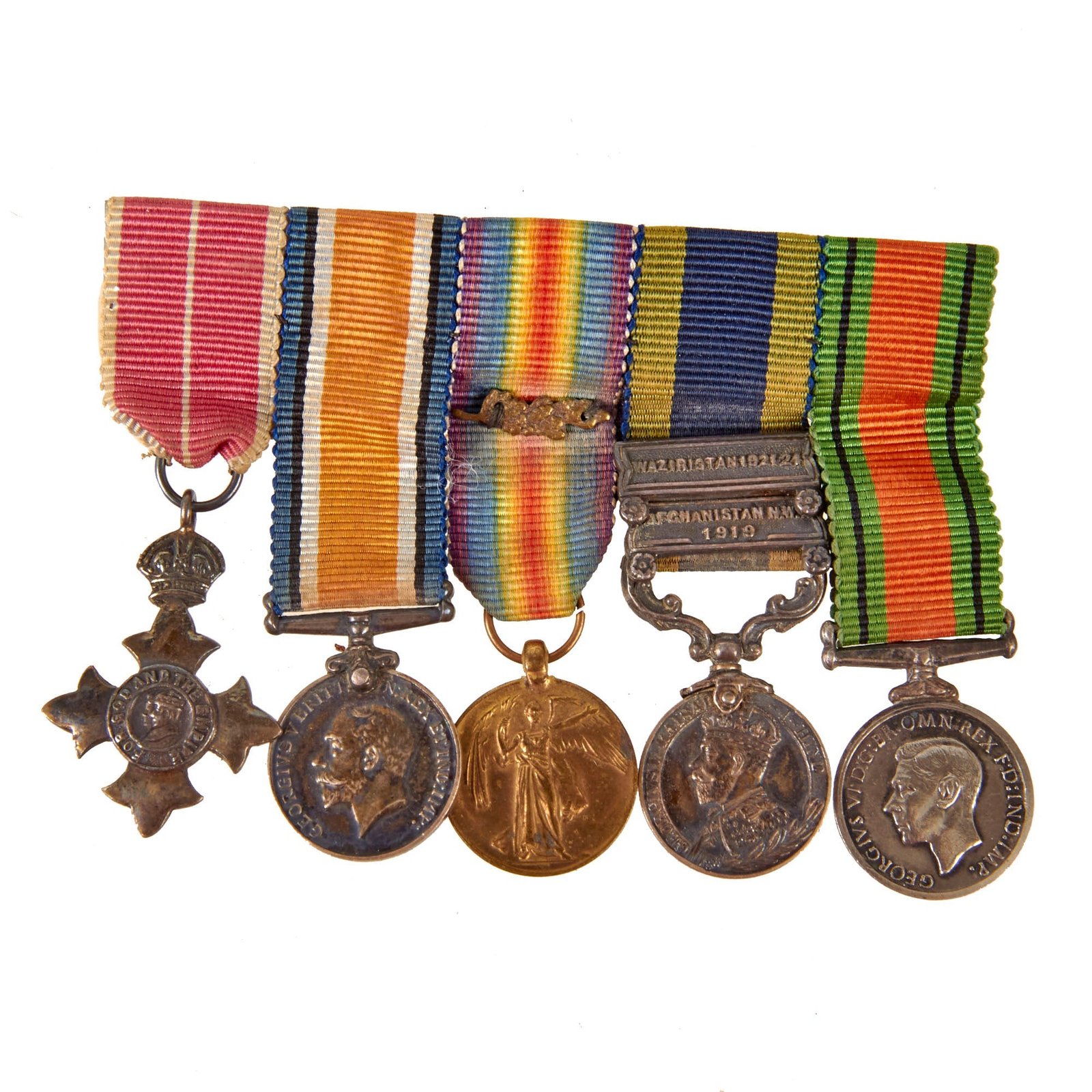 Original British WWI Mini Medal Bar with Order of the British Empire and India General Service Medal with 1919 Afghanistan NWF Clasp