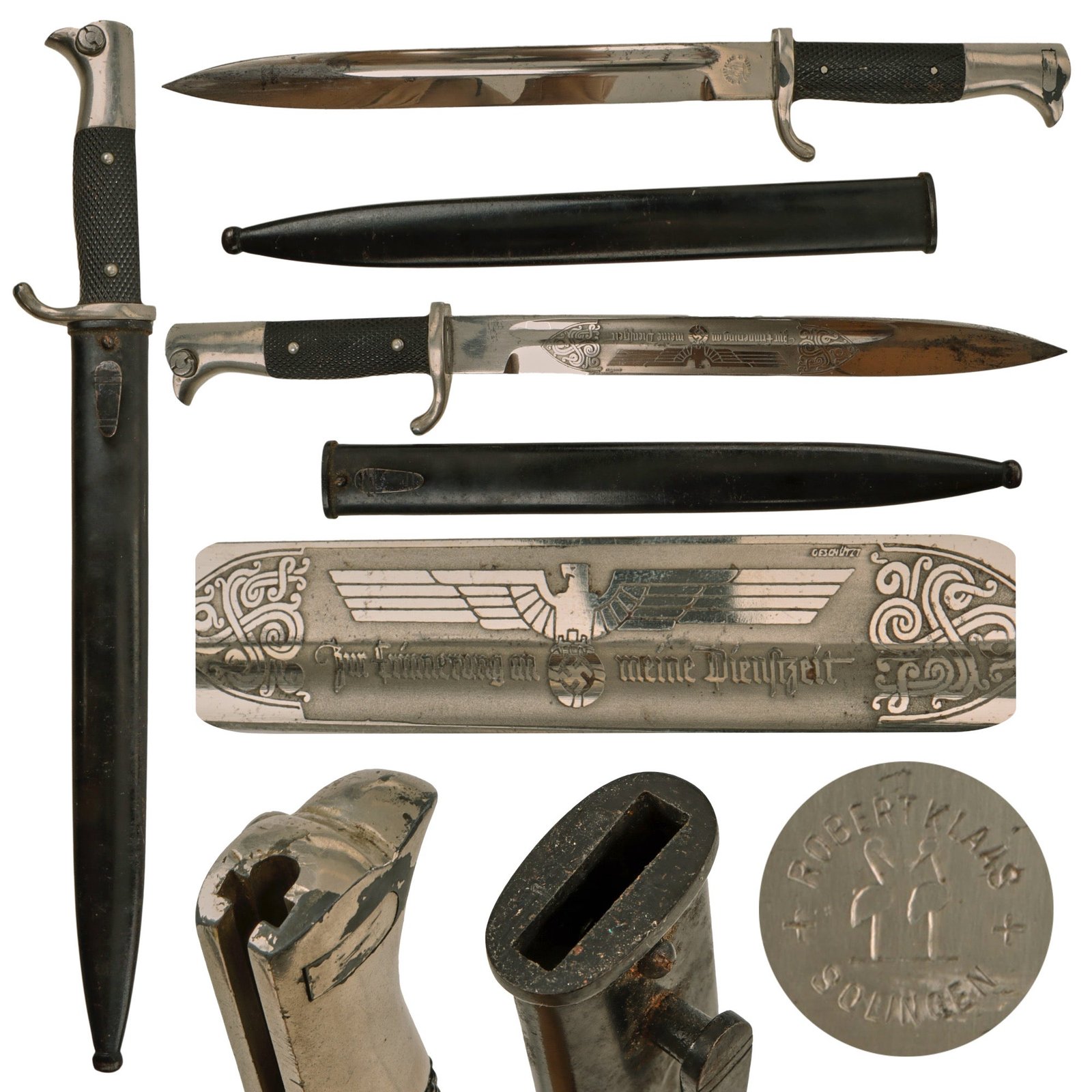 Original German WWII Heer Army Single Etched Long 98k Dress Bayonet by Robert Klaas with Scabbard