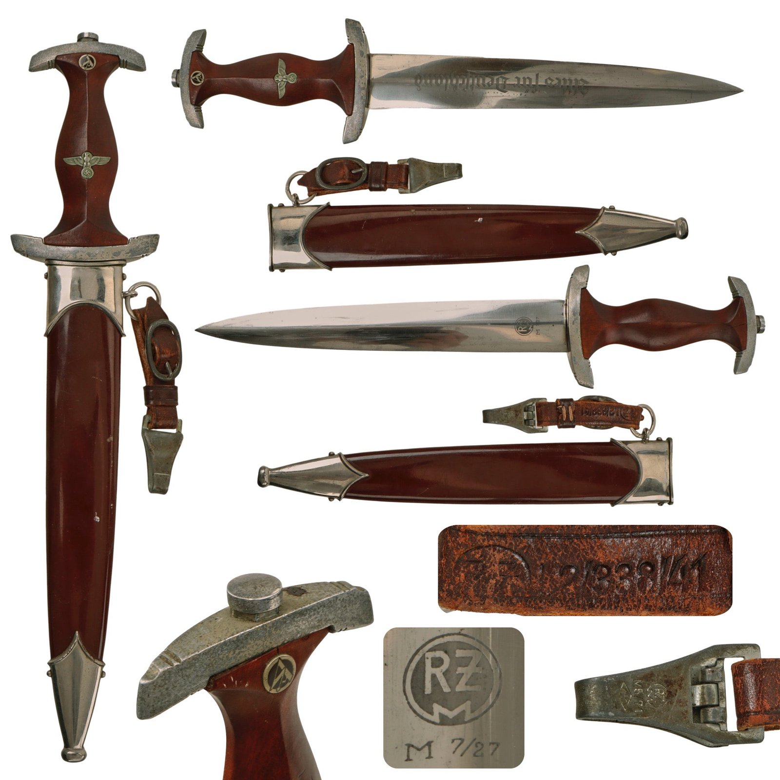 Original German WWII SA Dagger by Lauterjung & Sohn PUMA-Werk with Scabbard and Hanger - RZM M7/27
