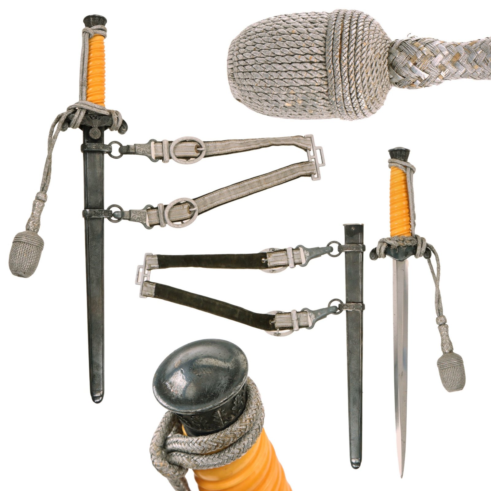 Original German WWII Heer Army Officer Dagger with Scabbard, Hanger, and Portepee - Excellent Unmarked Blade